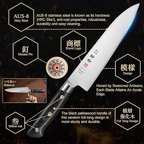 Miniatura 2 de Cuchillo de chef japonés de 8.27 pulgadas, cuchillo de cocina de acero aleado japonés AUS-8 con mango de madera de Pakka de espiga completa,