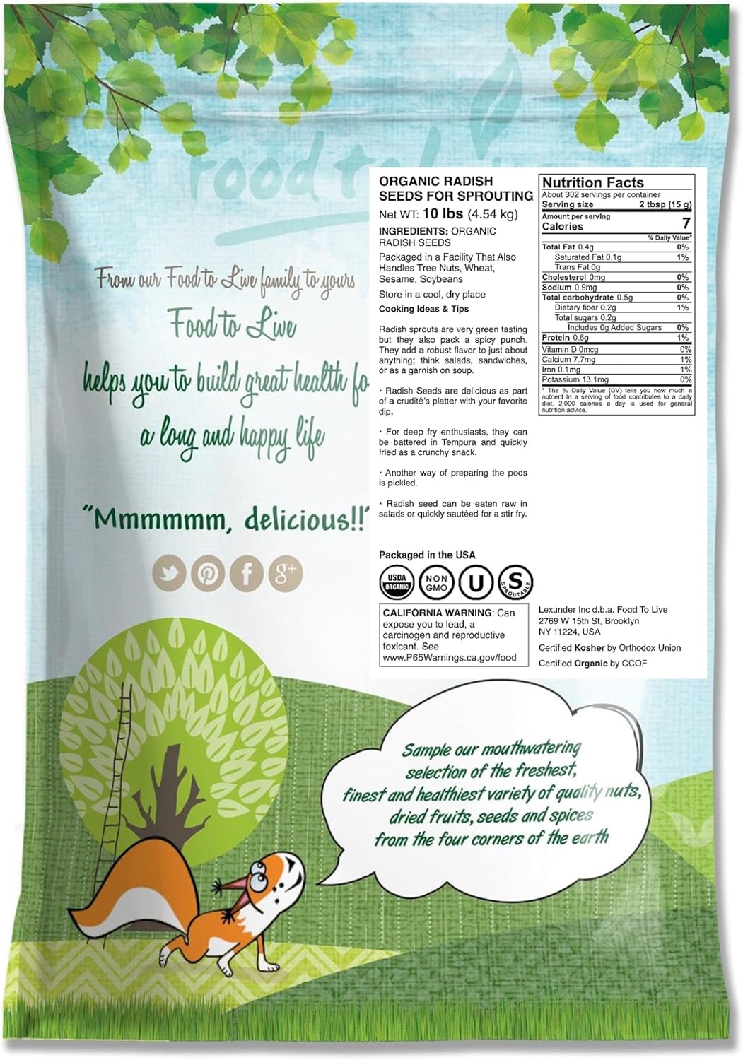 Food to Live Organic Radish Seeds for Sprouting, 10 Pounds - Non-GMO, Edible Seeds, Vegan, Kosher, Bulk. Spicy Flavor. Rich in Vitamin C. High Germitation Rate. Grow Sprouts, Microgreens for Rolls.