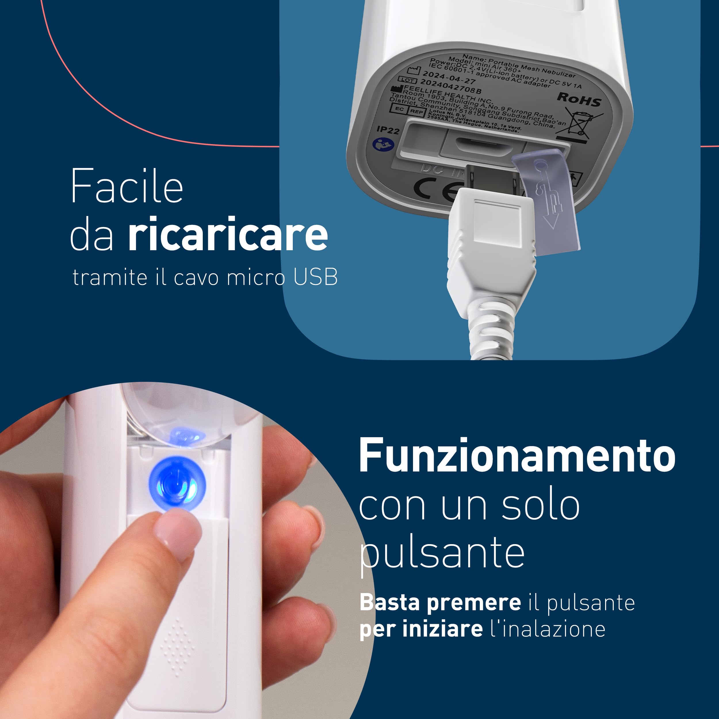 Mini Air 360+ Aerosol Mesh, Macchina aerosol adulti per alleviare tosse e raffreddore, Nebulizzatore silenzioso portatile per adulti e bambini con due maschere e boccaglio inclusi