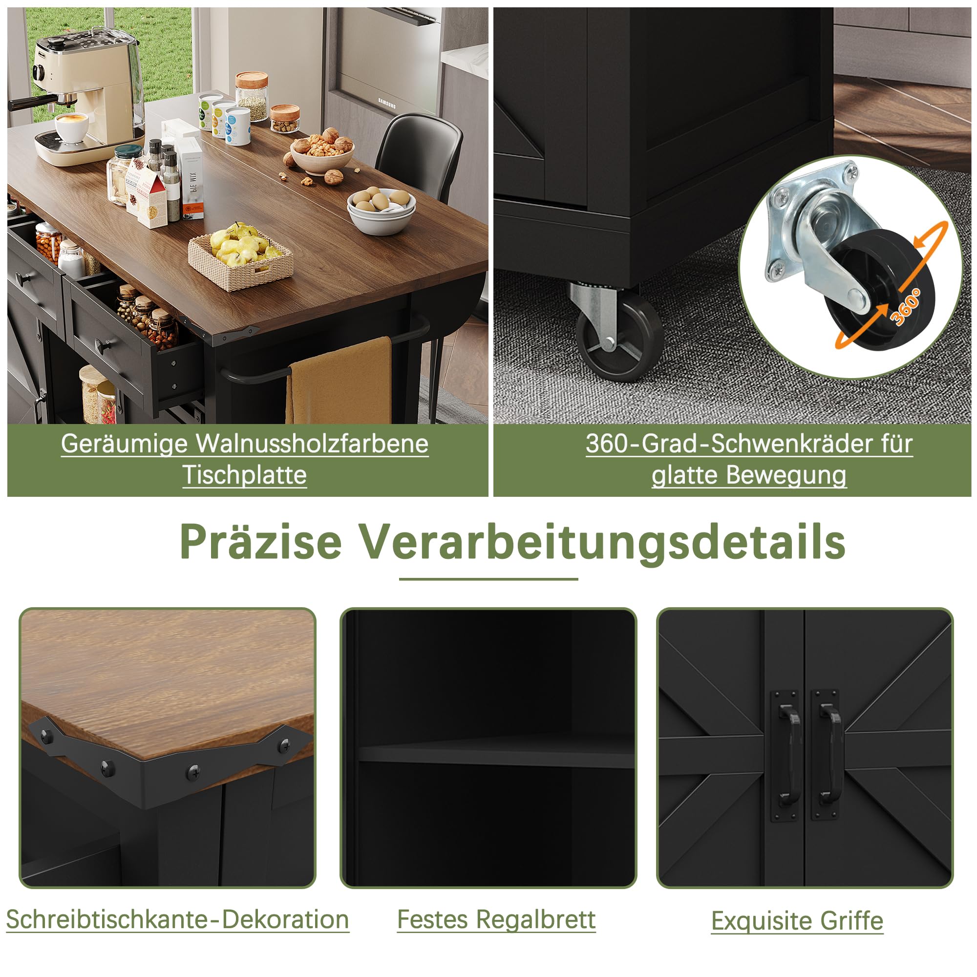 Merax Kücheninsel mit klappbarer Arbeitsplatte, Küchenwagen auf Rollen, Küchenschrank mit Schiebetüren, Servierwagen Holzoptik, mobiler Esstisch ausziehbar, Schwarz, 140x45-73x94 cm