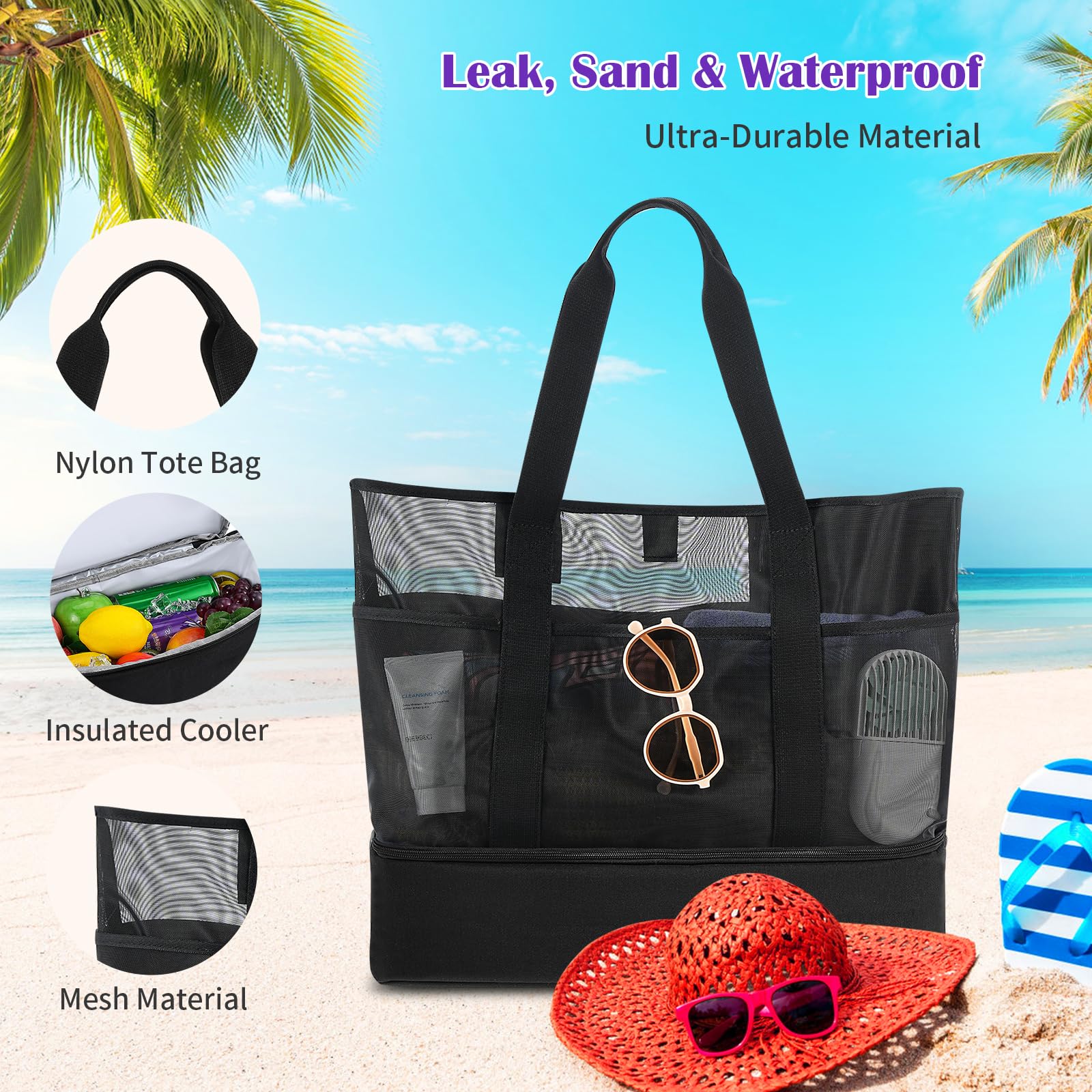 Luckits Borsa Mare Grande Rete - Borsa Spiaggia Pieghevole Con Tasche - Per Famiglie E Bambini - Foto 7