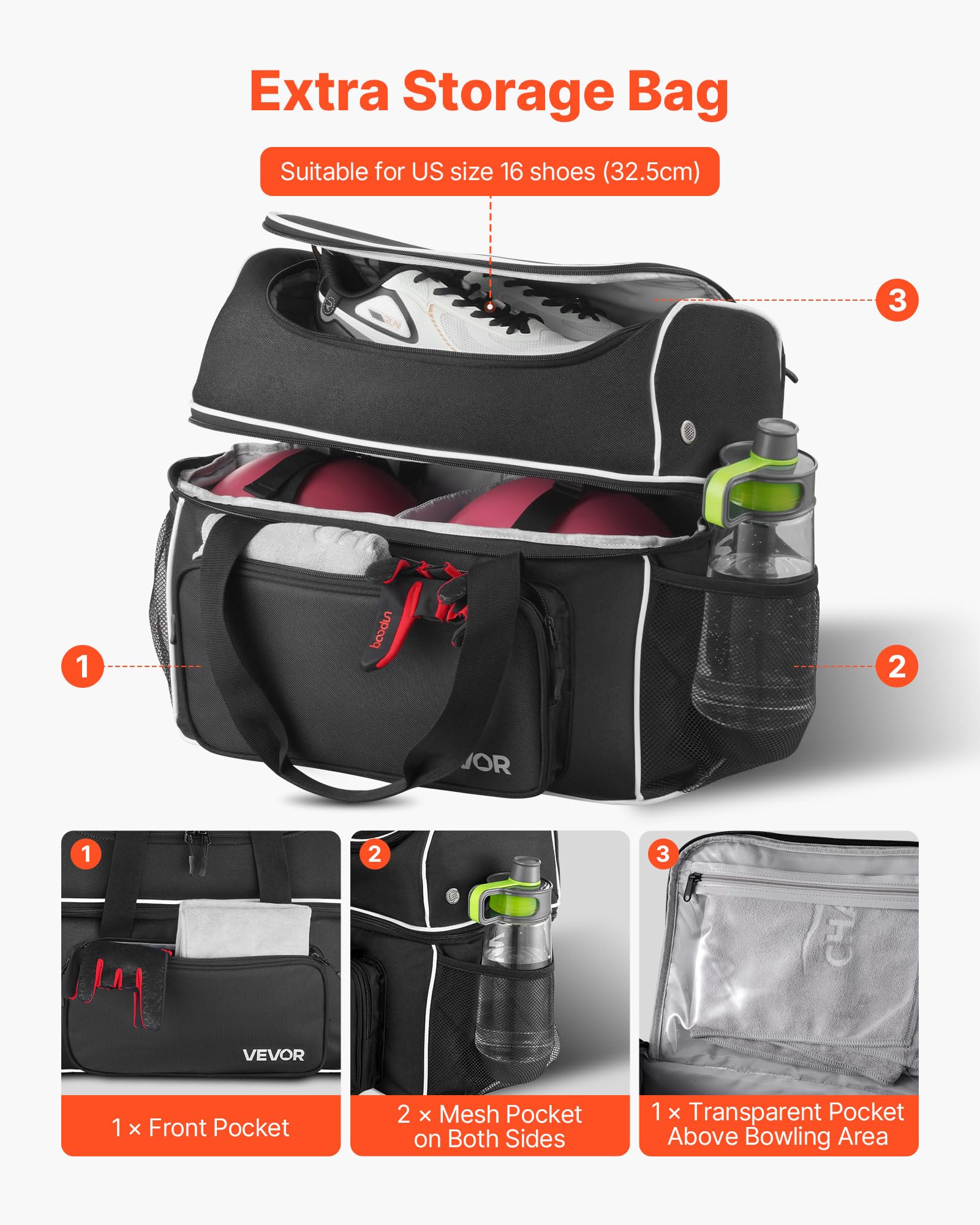 VEVOR Borsa da Bowling con 2 Ruote, 2 Palle e Quattro Rulli, Dotata di Uno Scomparto Separato per le Scarpe e una Tasca per Accessori Grandi, Maniglia Retrattile Estensibile Fino a 950 mm