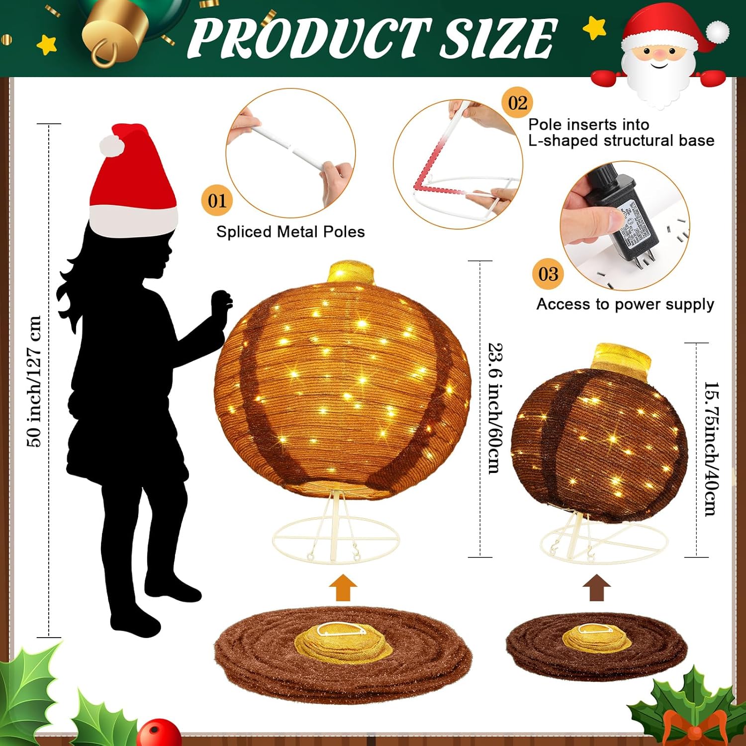 VIHOSE 4 Pcs Large Outdoor Christmas Ball Ornament Decoration, Giant Lighted Christmas Pop up Ball LED Lights Rustic Collapsible Vintage Xmas Ornament with Base for Holiday Yard Garden Lawn Porch