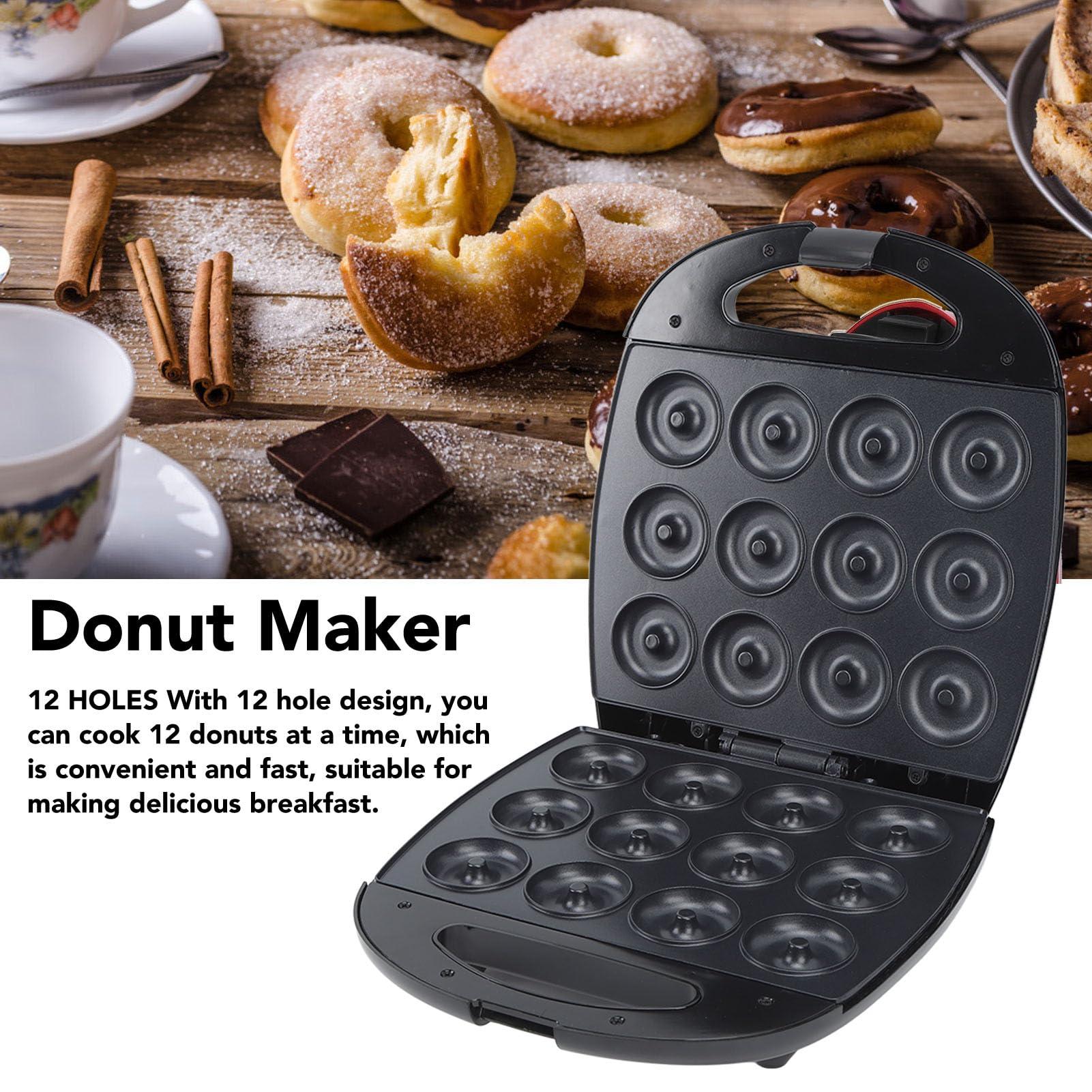 Mini Donut Maker 12 Doughnuts, Electric Donut Press Machine, Mini Pancakes Maker Machine for Breakfast, Adjustable Temperature Non Stick Donut Maker, Double Side Heating