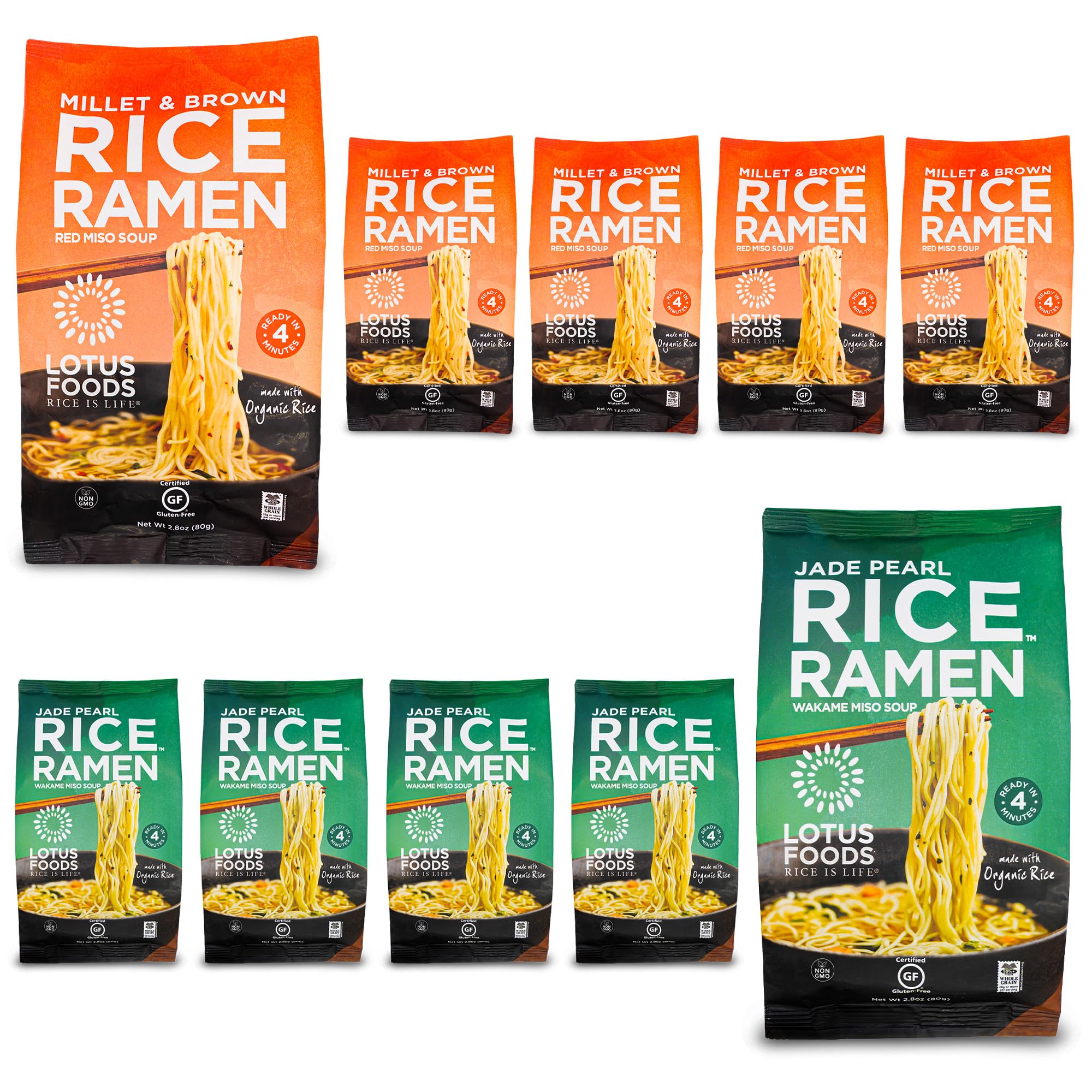 Lotus Foods Bulk Organic Rice Ramen with Miso Soup Variety Bundle - Jade Pearl, Millet & Brown Rice, Gluten Free Rice Ramen, Whole Grain Ramen Noodles - 2.8 oz Bags (Pack of 10)