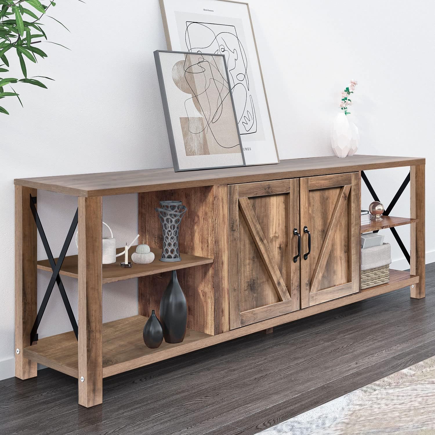 4 EVER WINNER Farmhouse TV Stand, Entertainment Center 70+ Inch TV with 2 Storage Cabinet and 4 Open Shelves, Rustic Brown TV Media Console for 75 Inch TV for Bedroom