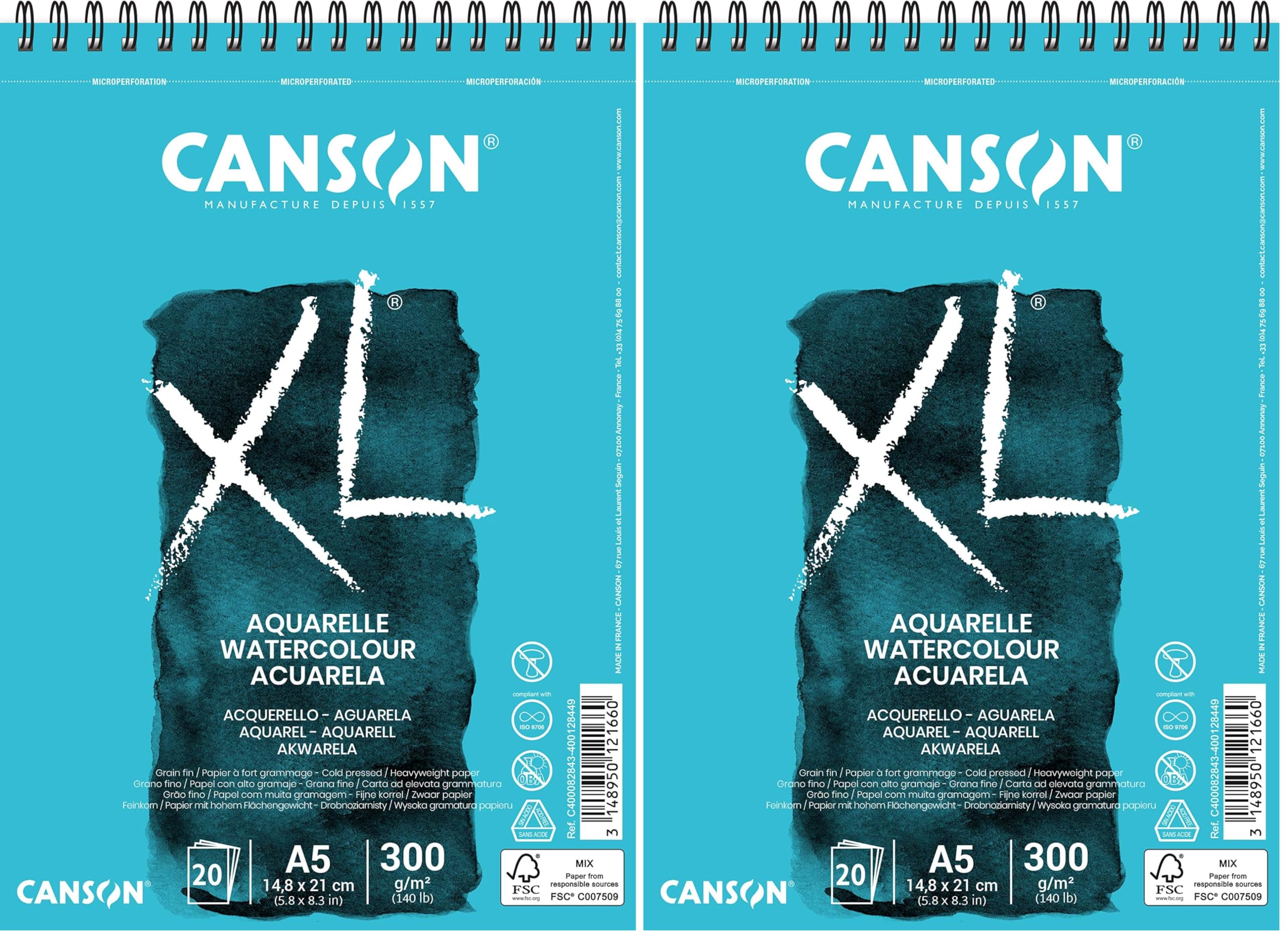 CANSON XL Aquarelle C400082843: DIN A5 - Aquarell Malblock in weiß - Zeichenblock für Aquarell - 300g - Hochwertiges Canson Watercolor Paper mit Spiralbindung (Packung mit 2)