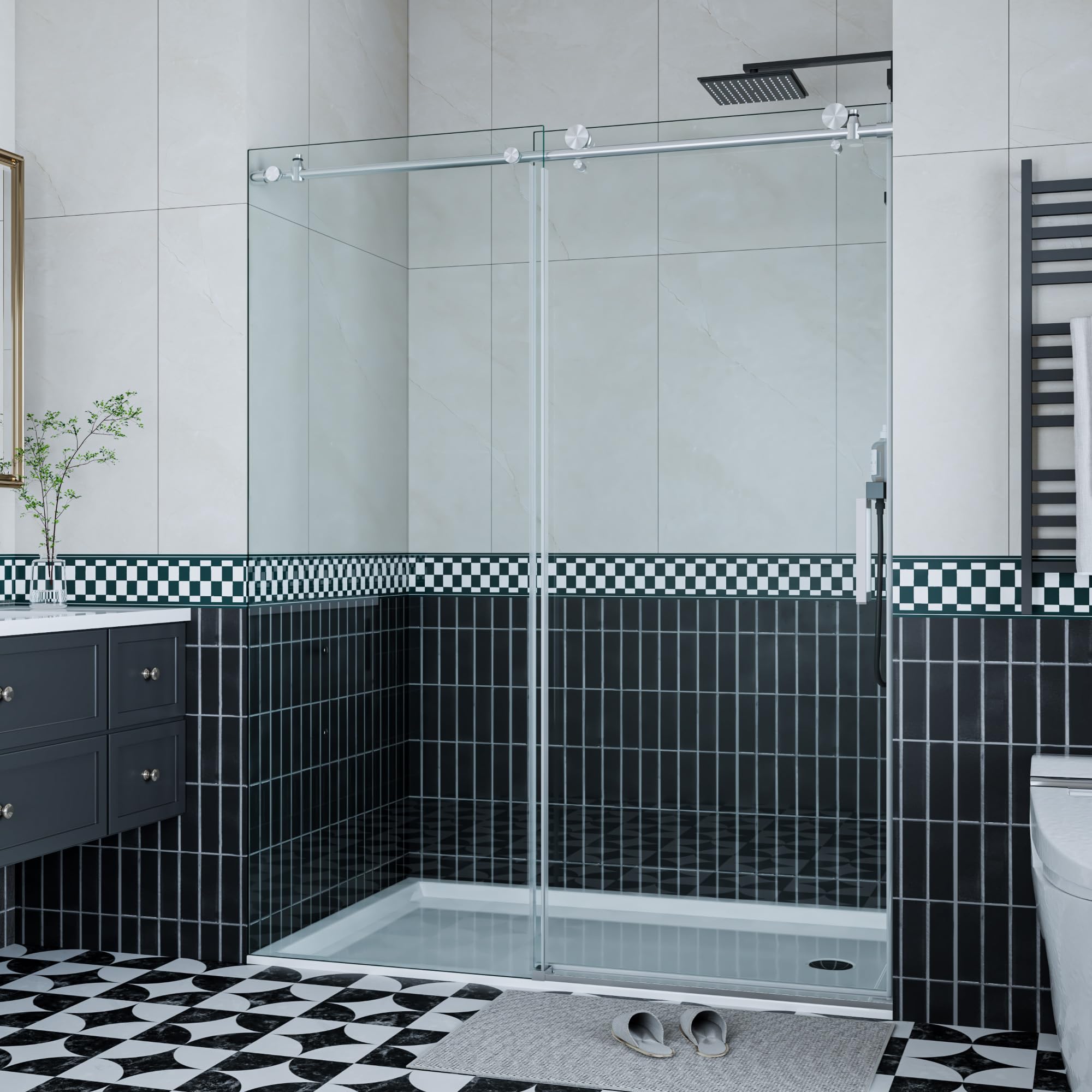 Frameless Sliding Shower Door 56-60 inch W×76 inch H, Stainless Steel Round Rail with 55 Rollers, 8mm Tempered Glass, One Fixed One Sliding Door, Brushed Nickel Finish for Modern Bathroom
