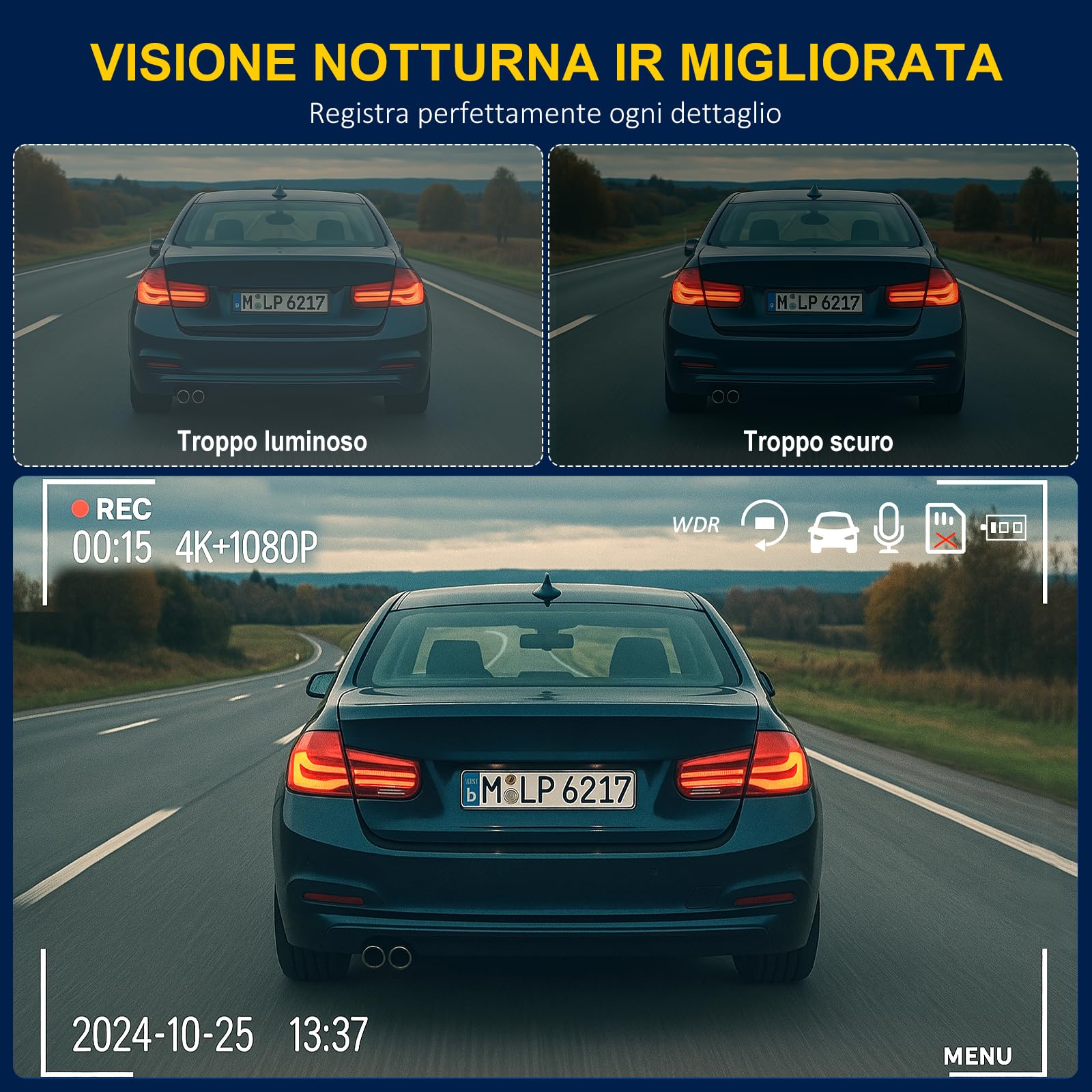 3 Canali Dash Cam Auto, 4K+1080P+1080P Telecamera per auto, 3,17" Display IPS Dash Cam con Scheda SD 64G, 5GHz WiFi, 24H Monitor di Parcheggio, Visione Notturna, WDR, Grandangolo 170°, Sensore G