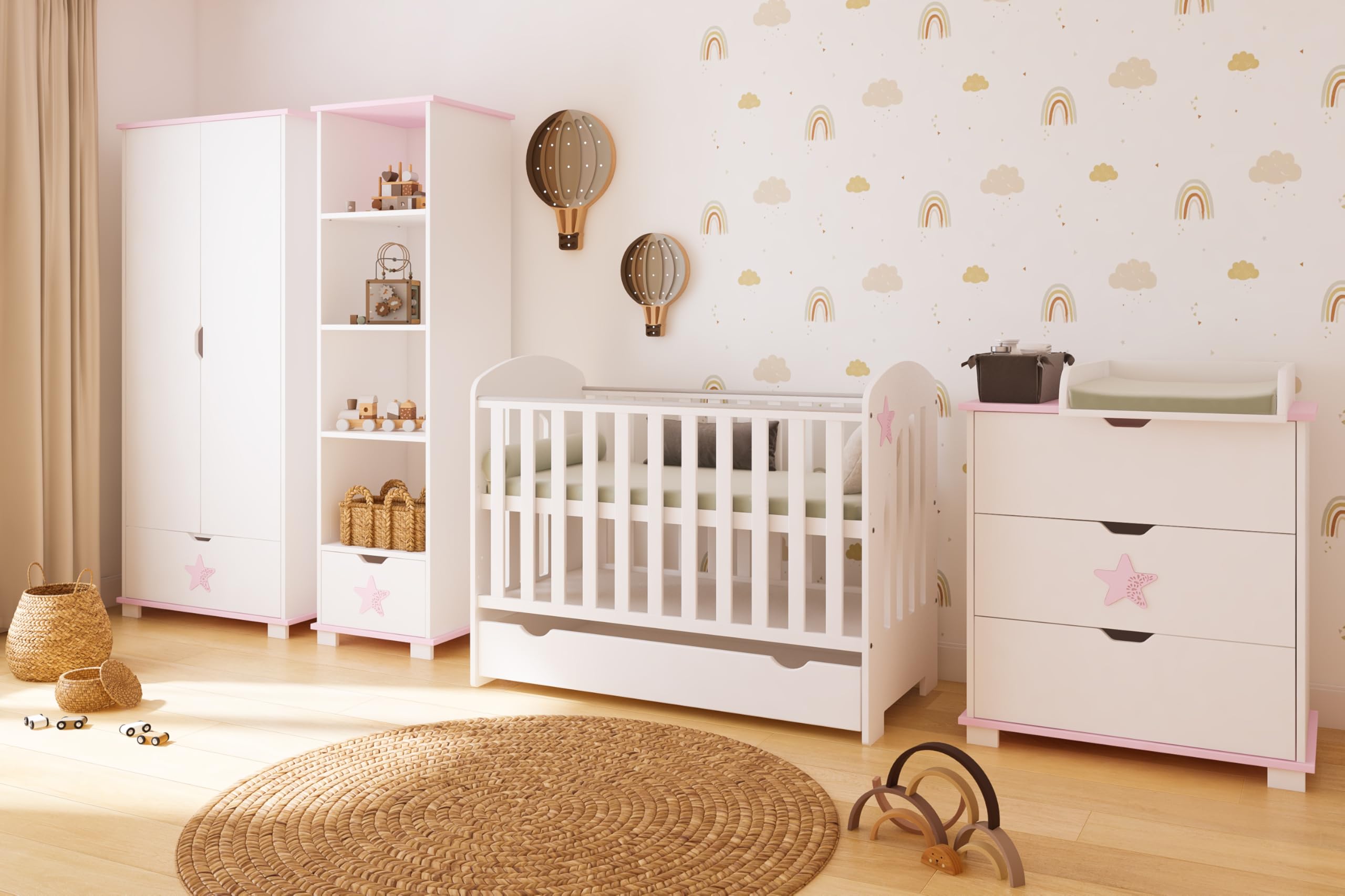 zee Star Cómoda Cambiador Bebé Blanca 83 x 87 x 49 cm con 3 Cajones y Cambiador Desmontable, Mueble Infantil Estilo Escandinavo, Star Rosa
