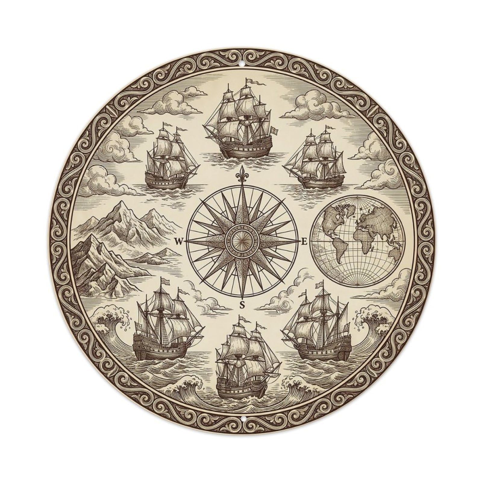 Vintage Nautical Compass World Map Nomad Spirit Metal Tin Sign