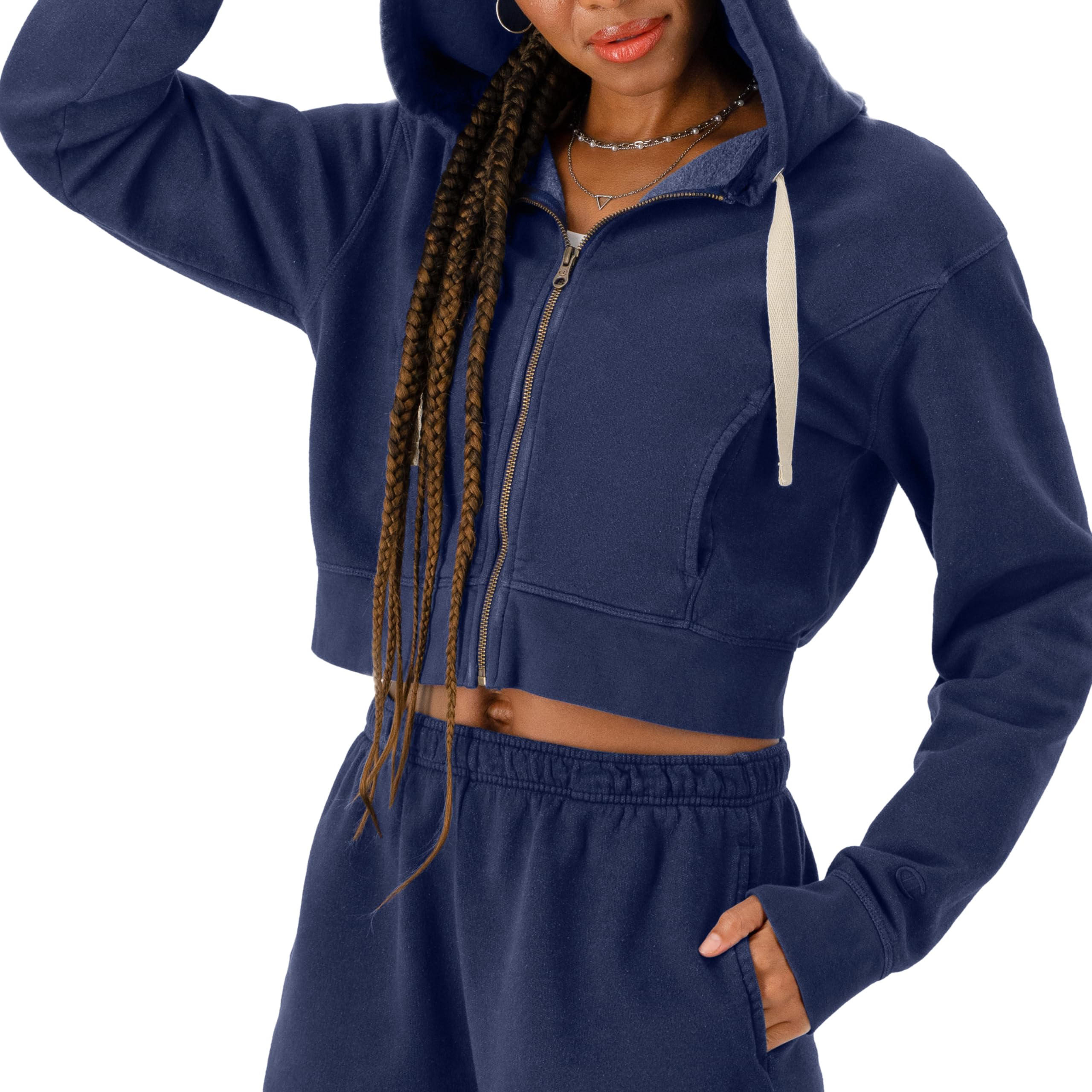 Champion Bluza damska, zapinana na zamek bluza z kapturem w stylu vintage, dmuchany szklany niebieski, XS, Dmuchane szkło niebieskie, XS