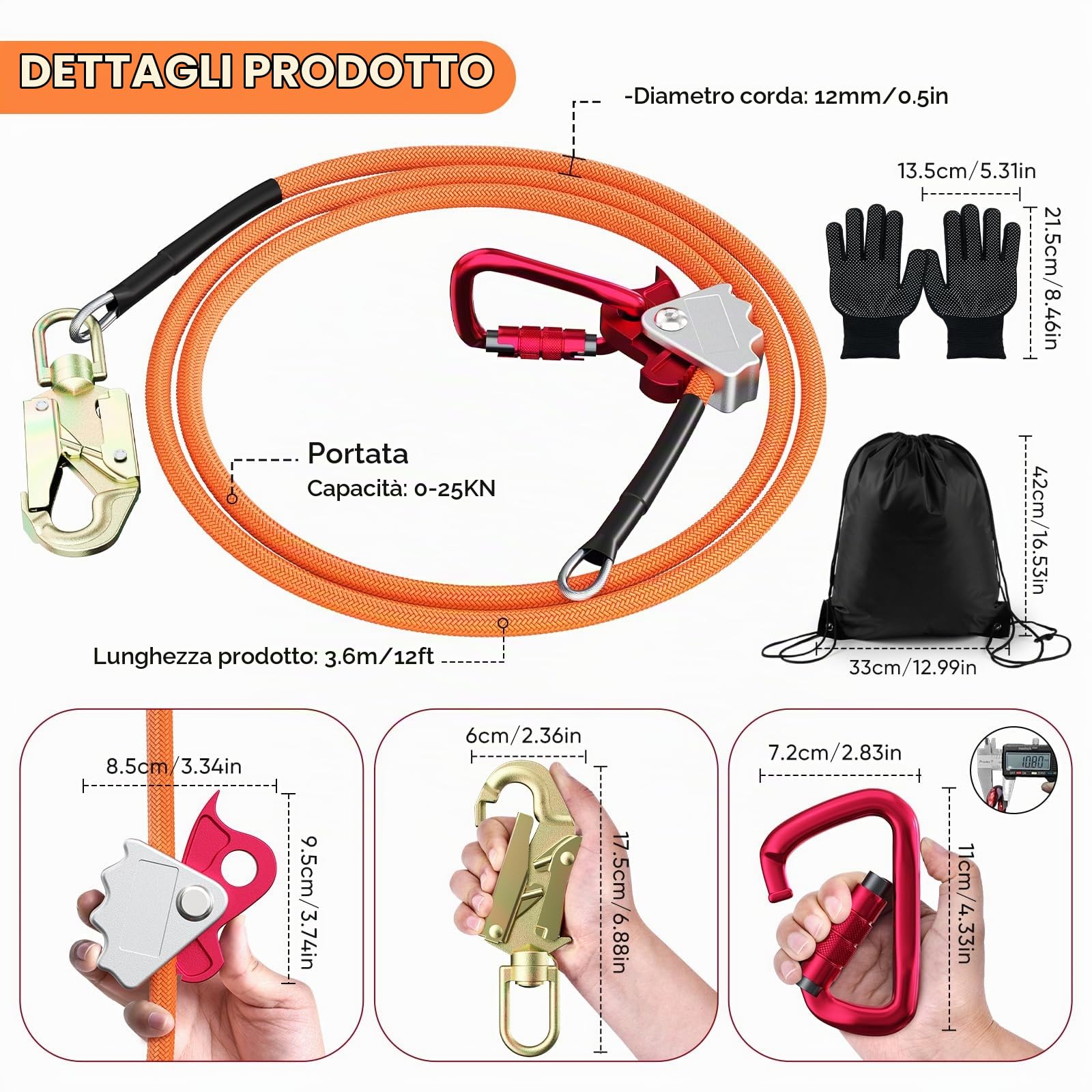 Kit Flip Line con anima in acciaio, cordicella in acciaio con moschettone a tripla chiusura, corda regolabile per arrampicatori di alberi, cura degli alberi, protezione anticaduta (12 x 3,6