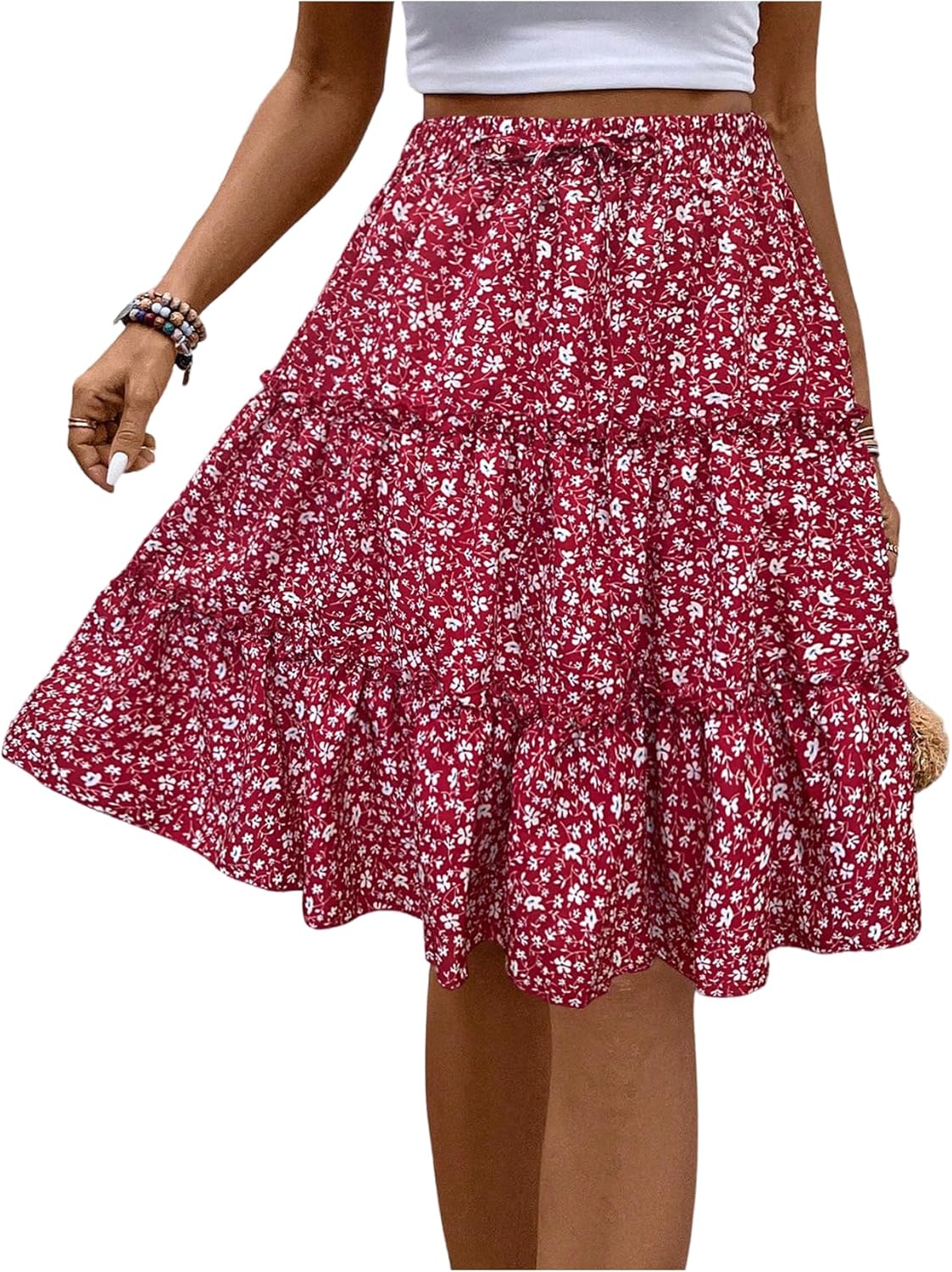 WDIRARA Women's Floral Print Ruffle Hem Elastic High Waist Tie Front Skirt