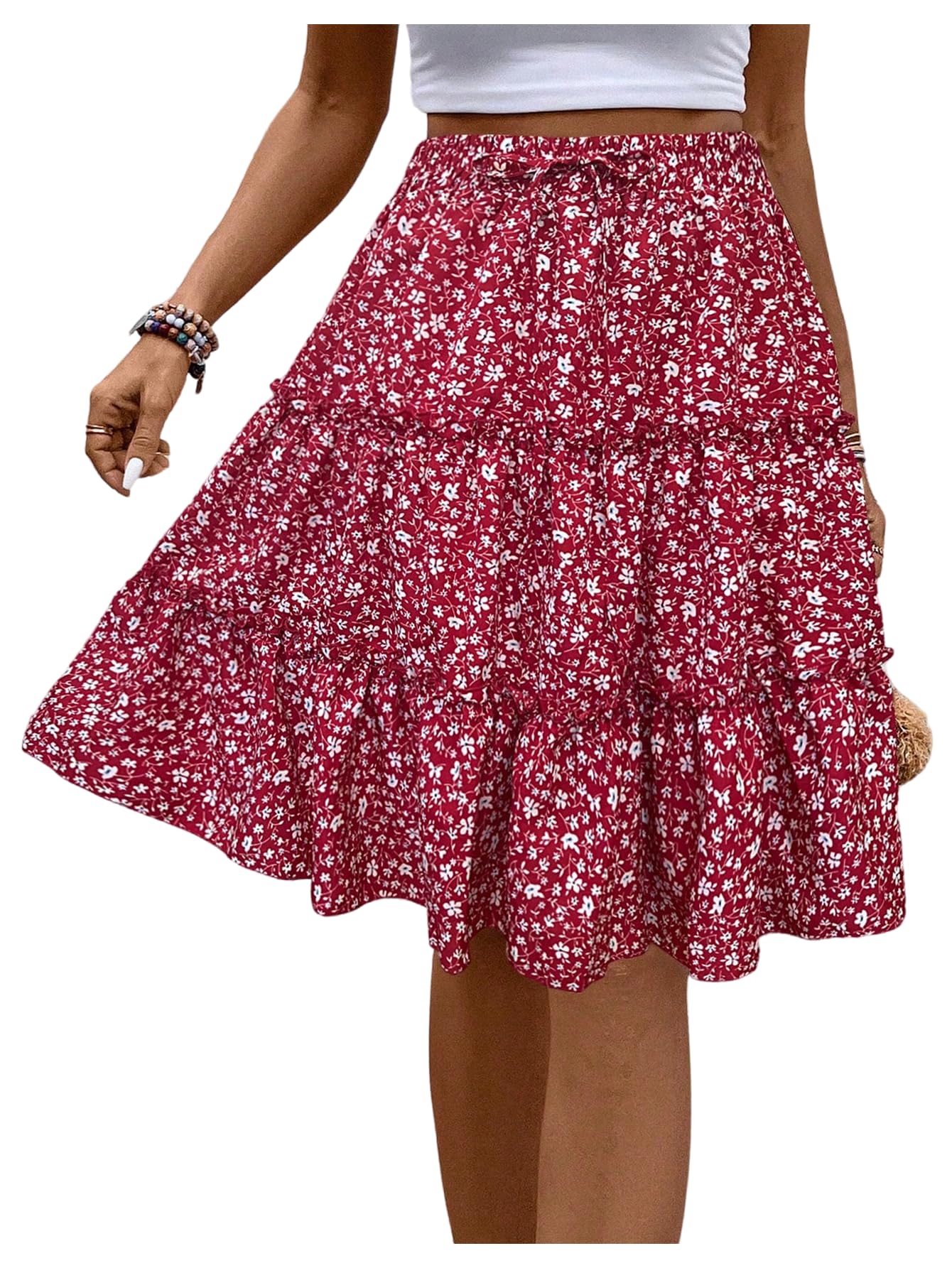 WDIRARA Womens Floral Print Ruffle Hem Elastic High Waist Tie Front Skirt