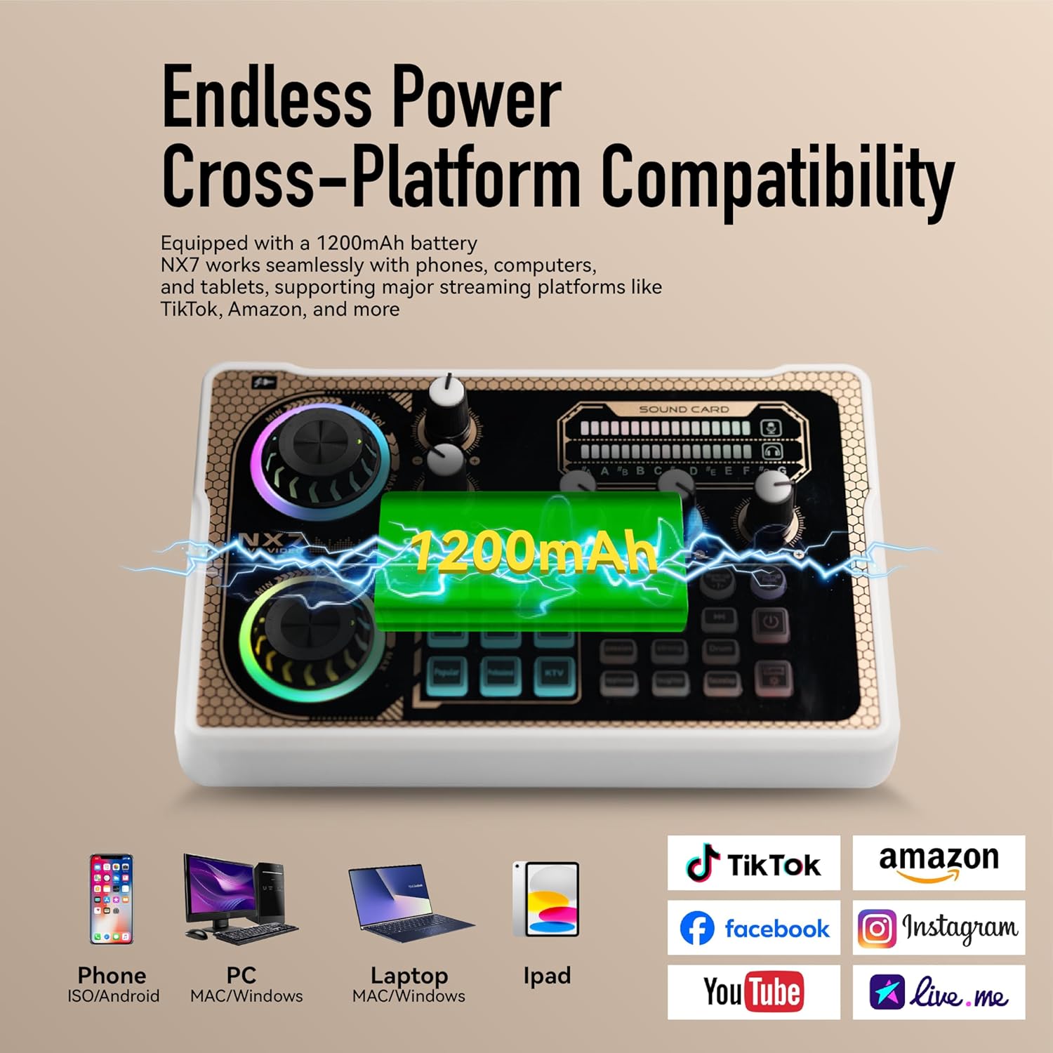 HICALL NX7 Mixing Console Sound Card Microphone Set with 8 Streaming Modes, 9 Voice Effects, Smart Noise Reduction, Long Battery Life – Compatible with Phones, Tablets, and PCs