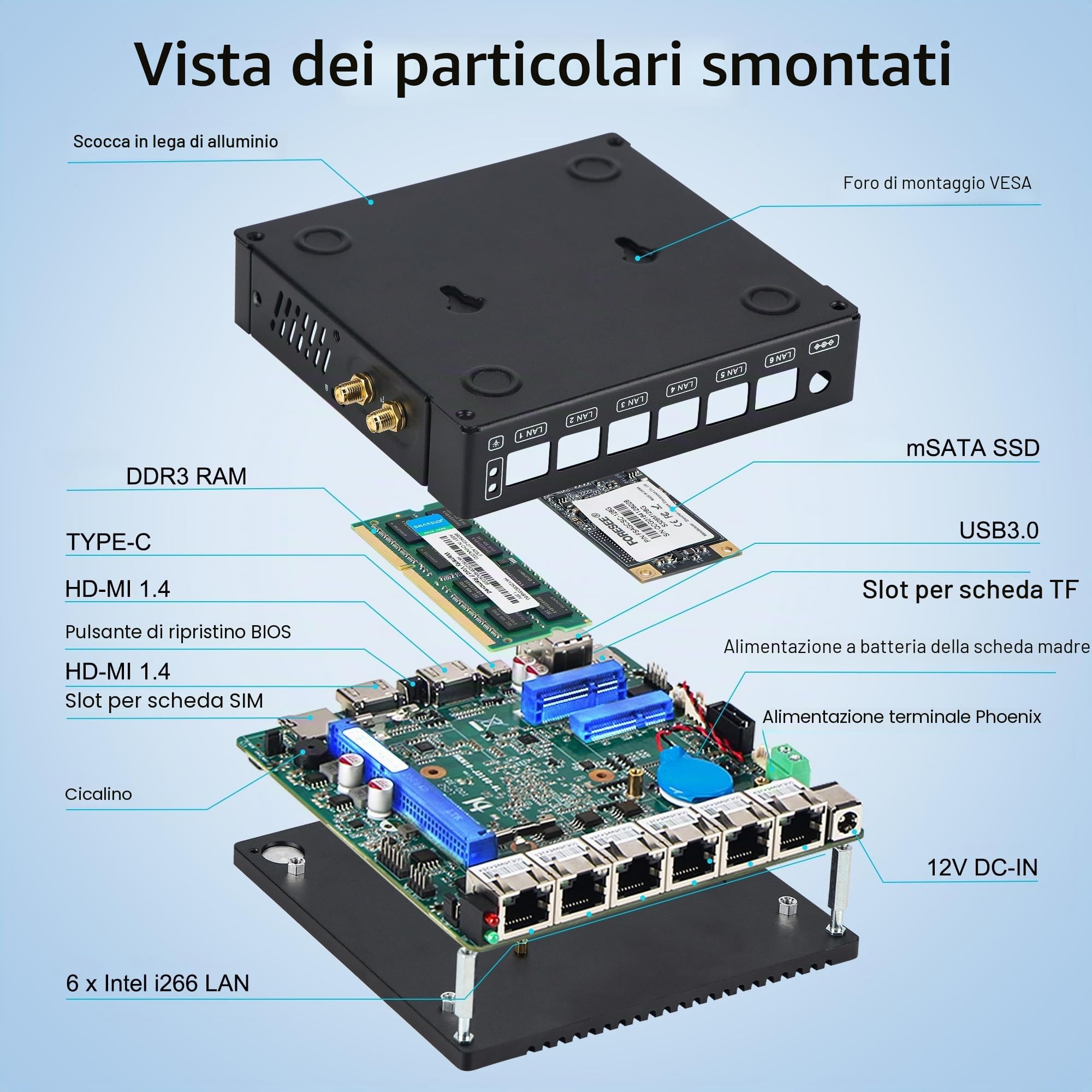 Mini-PC firewall senza ventola con Intel N3710 4C/4T, 6x Intel i226 LAN, router per gateway di rete, testato con PF-Sense/OPN-SENSE,HD/Type-C/SIM/TF/Wi-Fi (8 GB di RAM, SSD da 240 GB)
