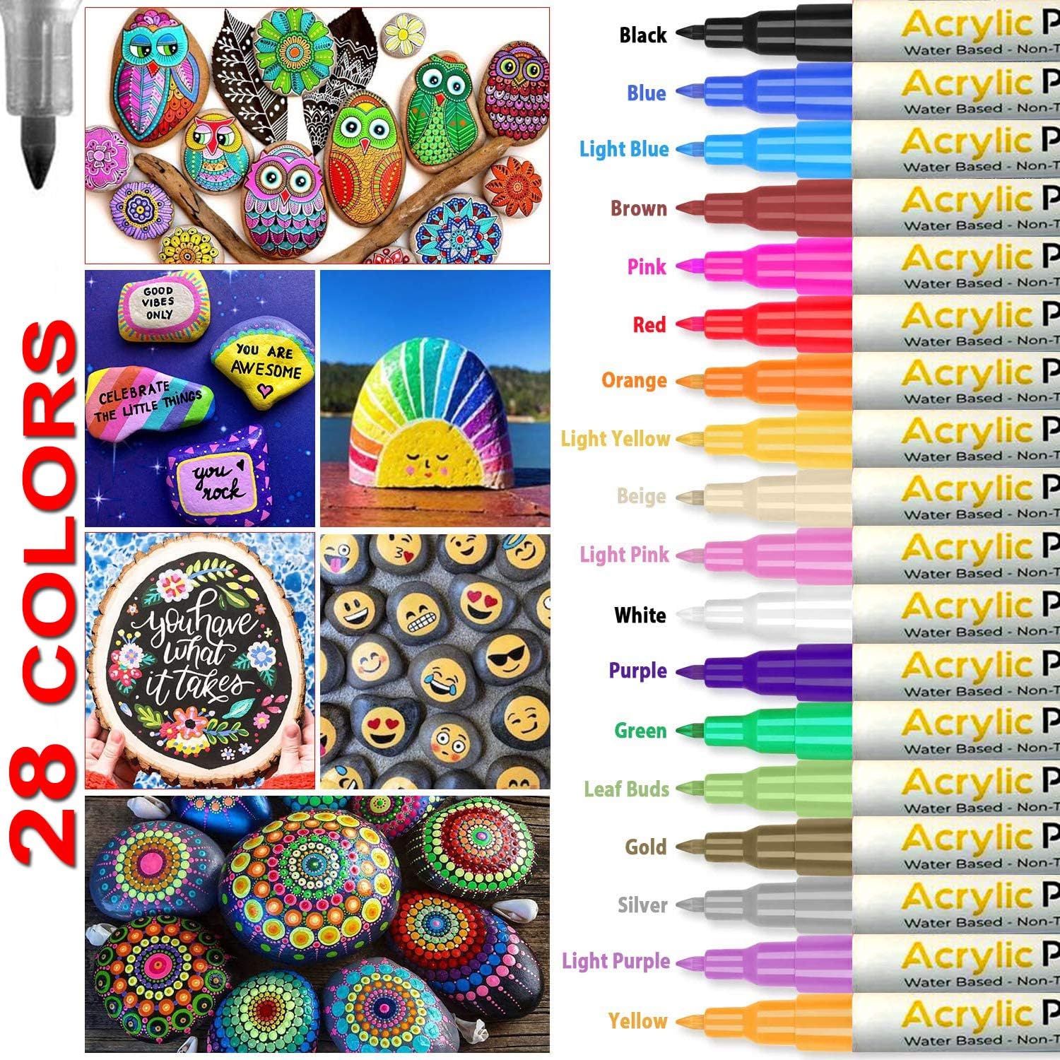 28 Colors Set of Acrylic Paint Pens for Rock Painting, Stone, Ceramic, Glass, Wood, Canvas Waterproof Marker, Extra Fine Tip 0.7mm Water Based Paint, 10 Bright + 8 Light + 10 Earth Colourful Markers