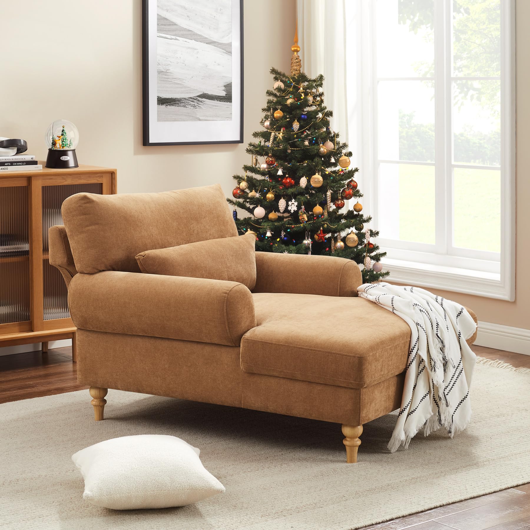 Modern Chaise Lounge Chair with Adjustable Backrest, Upholstered Indoor Leisure Sofa Recliner, Oversized Accent Chair Deep Seat Reading Armchair for Living Room, Bedroom, Office, Light Curry