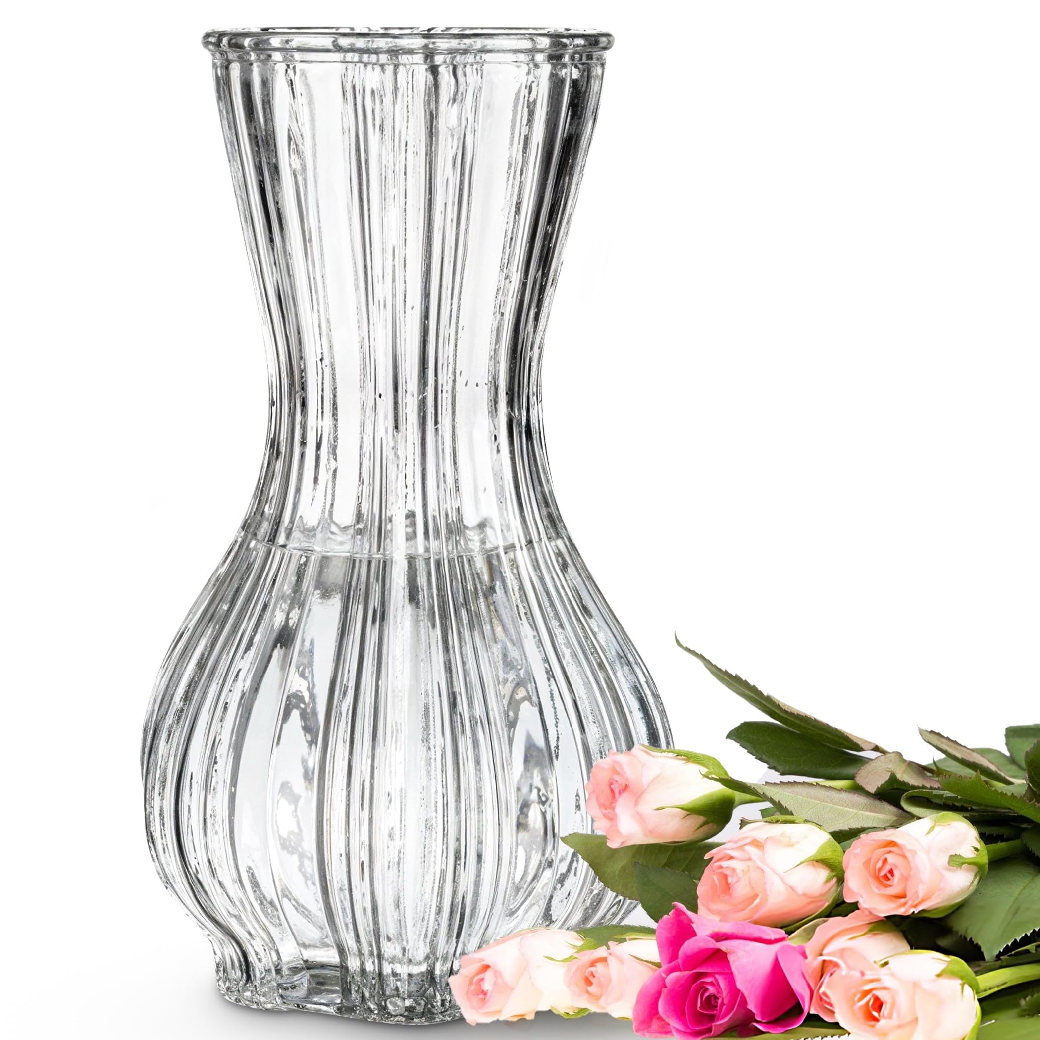 Wrenbury Lily Glass Ribbed Vase for Flowers 20cm - Daffodil Container for Bouquets - Clear Glass Vase for Tulips - For Classic Table Decor