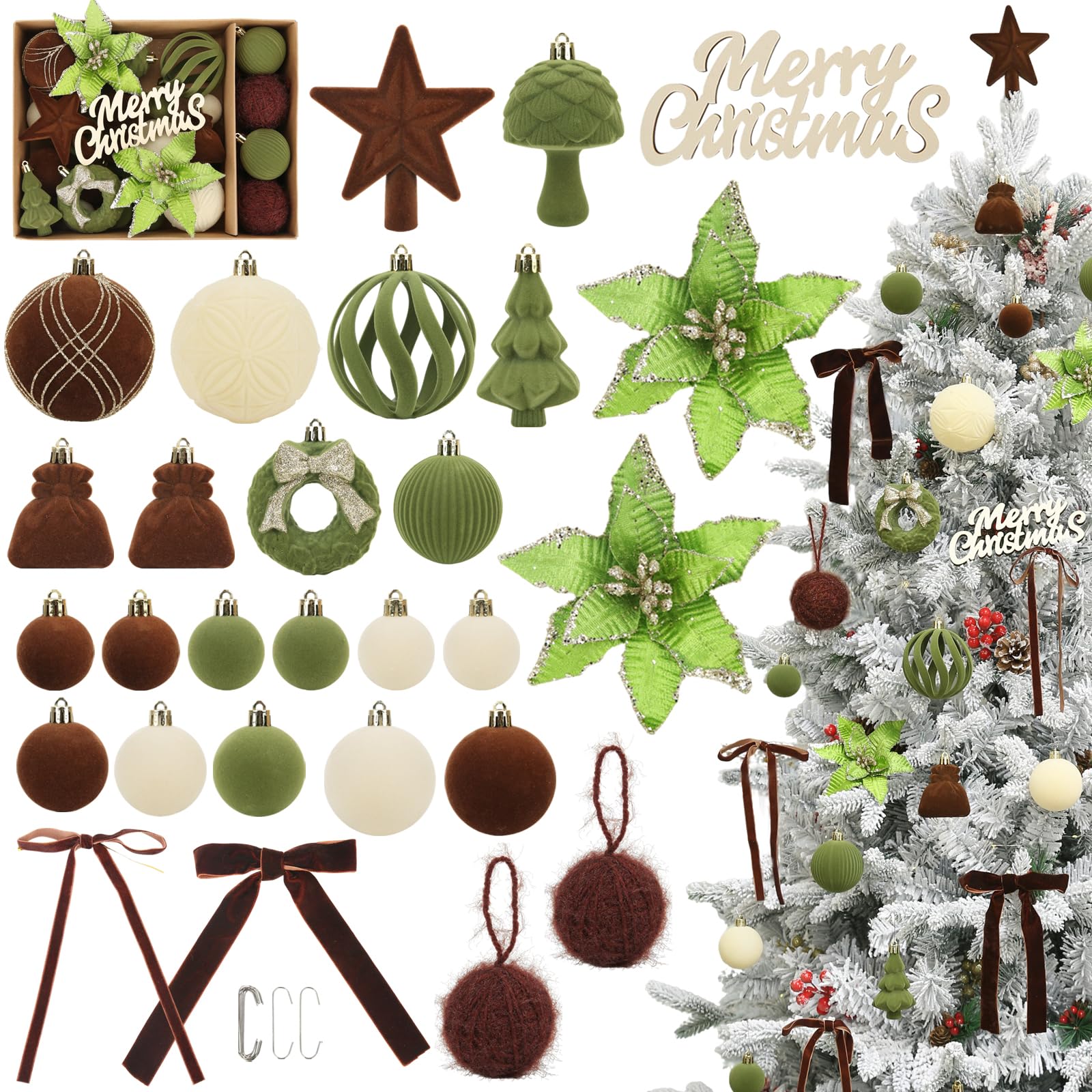 Photo 1 of Christmas Ornaments Set, 38Pcs Brown Velvet Christmas Ornaments for Xmas Tree Decorations Shatterproof Hanging Flocked Balls Assorted for Indoor Home Party Holiday Decor Gifts