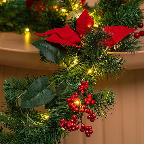 Miniatura 3 de YULETIME Guirnalda de Navidad iluminada de 6 pies, funciona con pilas con 20 luces de hadas, guirnalda artificial, bolas rojas, bayas, flor de