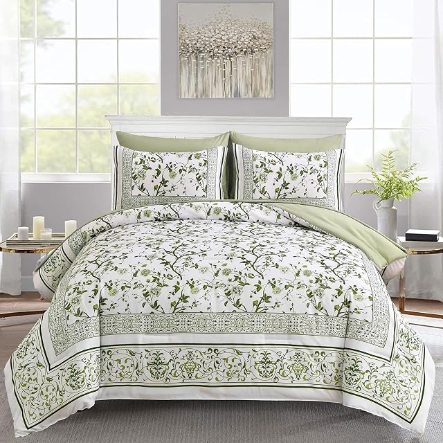 Floral Queen Comforter Set, 7 Piece Bed in a Bag Queen Size Green Flowers on White Botanical Bedding Set, Soft Microfiber Bedding Comforter Sets with Sheets for All Season