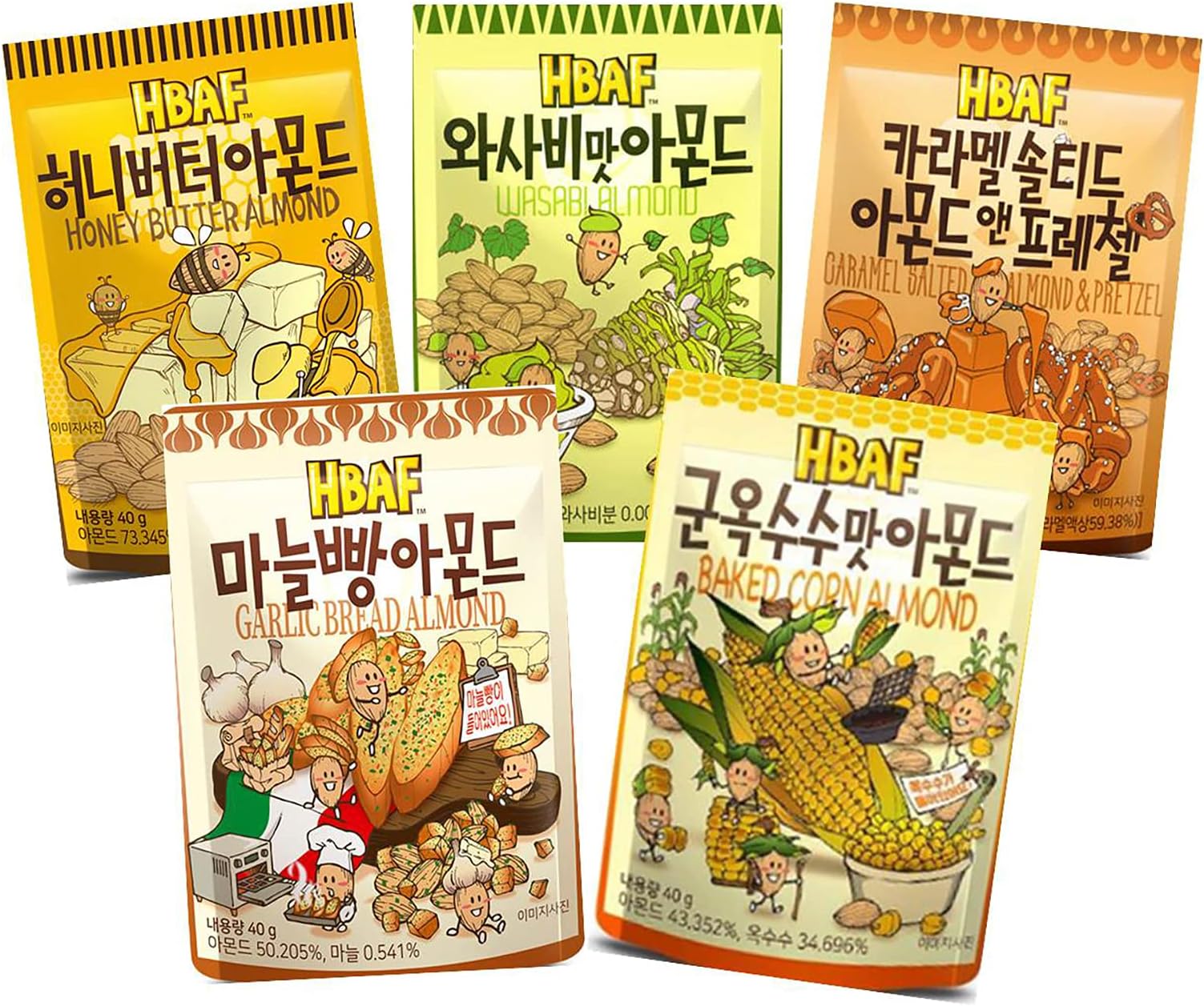 Gilim Farm 5kinds of almond in the 40g Series 40gX5- Cheongyang-Mayo, Garlic-Bread, Wasabi, Honey-Butter, Caramel Salted almond & Pretze Almond- Korean Seasoned Almonds Snack Care Pack 40gx5Packs, Include 1Picture Sticker + 2 Candy