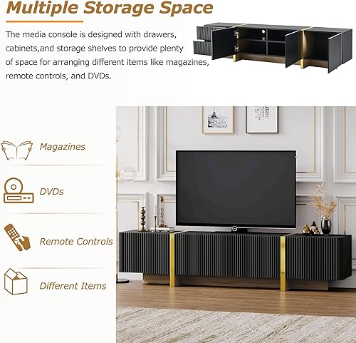 Miniatura 81 de Merax Moderno soporte de TV con patas de metal, asas doradas, líneas geométricas y estantes ajustables para televisores de hasta 80 pulgadas, mesa