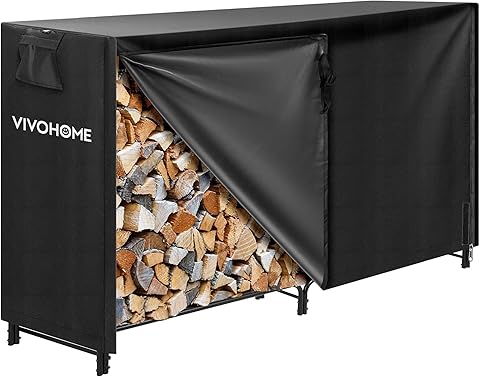 VIVOHOME Estante Metálico para Leña con Cubierta Impermeable, 183×35×123cm Soporte de Leña para Chimenea Organizador Jardín, Almacenamiento Interior y Exterior