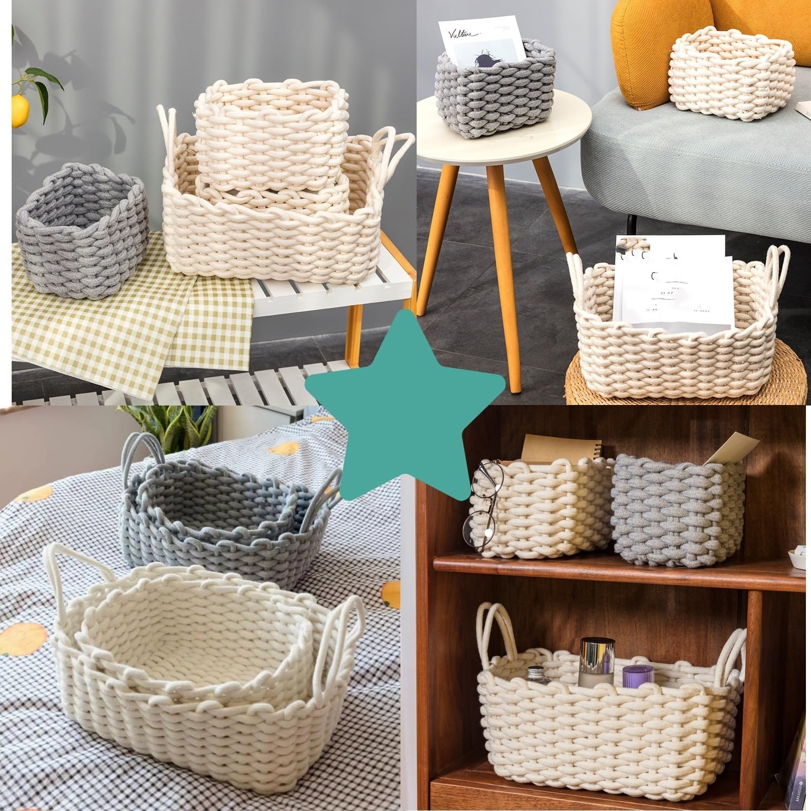Caja de almacenamiento, cesta de cuerda de algodón, juego de 2 unidades, cesta para aperitivos, cesta trenzada a mano, cesta de almacenamiento para dormitorio, cuarto de baño, estantería