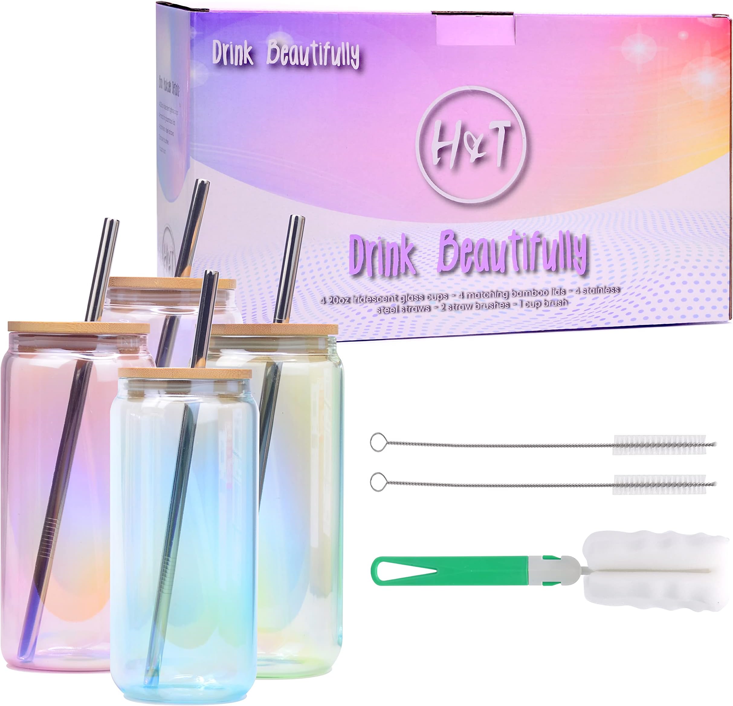 H&T Designs 4 Pack Iridescent Mason Jar Cups Drinking Glasses with Bamboo Lids Stainless Steel Straws
