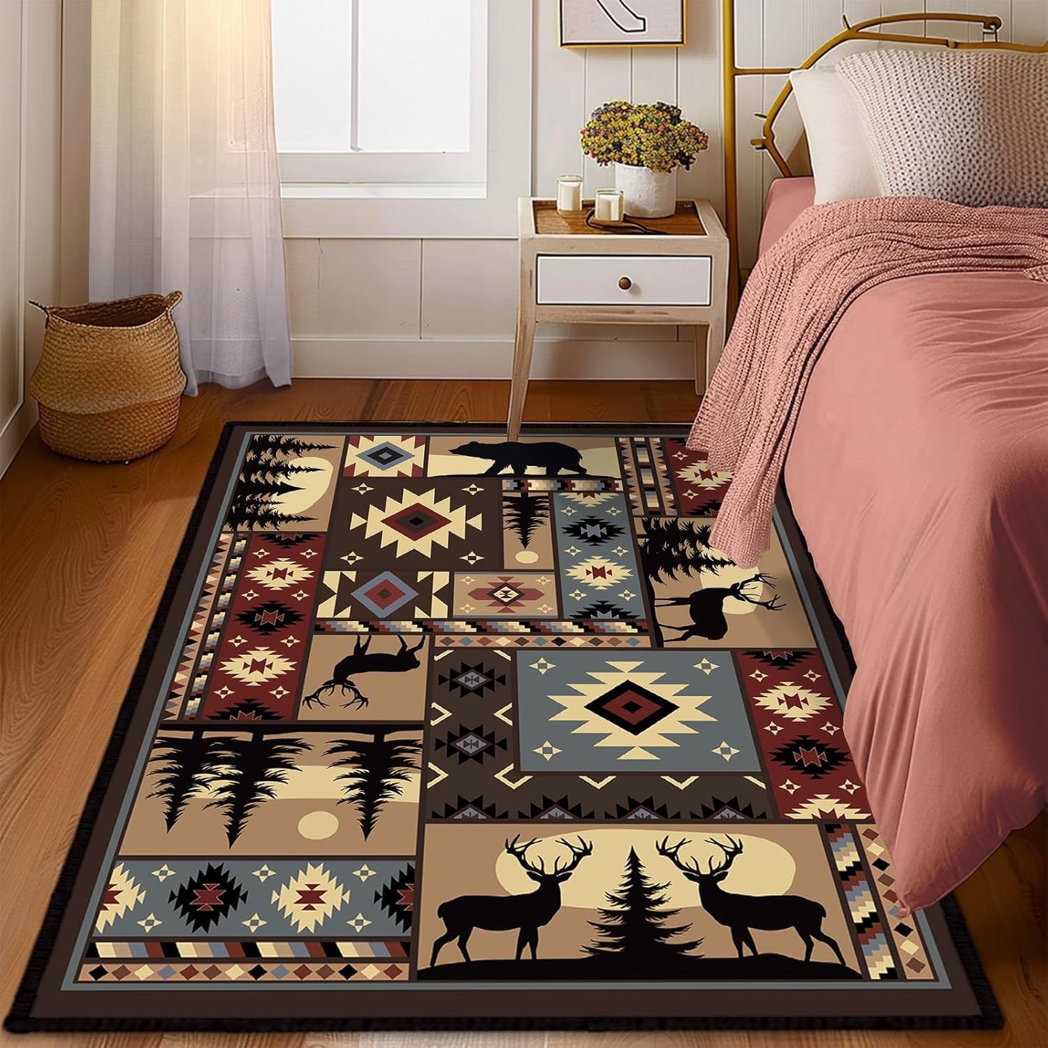 Rustic Cabin Wildlife Area Rug 5x7 Living Room Rug,Buffalo Plaid Bear Moose Deer Country,Vintage Throw Rugs Carpet for Dining Room Washable Bedroom Rug Non Slip Floor Carpets for Office,Kids Playroom - Image 3