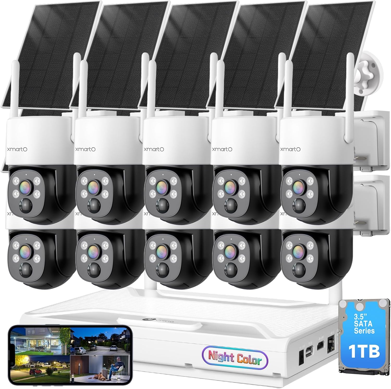 xmartO 0-Light Night Color Solar Security Camera System(10 Cameras), 2K HD Wireless PTZ, AI Tracking, WiFi6 Long Range, 10CH Expandable 4K NVR with 1TB HDD, HDMI Monitor, Mobile Access, 0 Monthly Fee