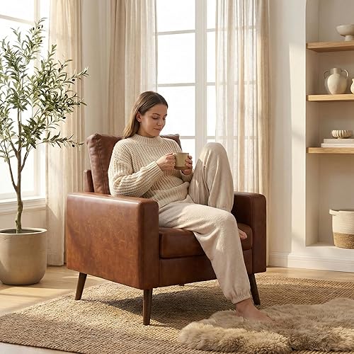 Miniatura 6 de HNY Sillón moderno de mediados de siglo, silla decorativa de piel sintética con botones y brazo, silla tapizada para sala de estar, color caramelo