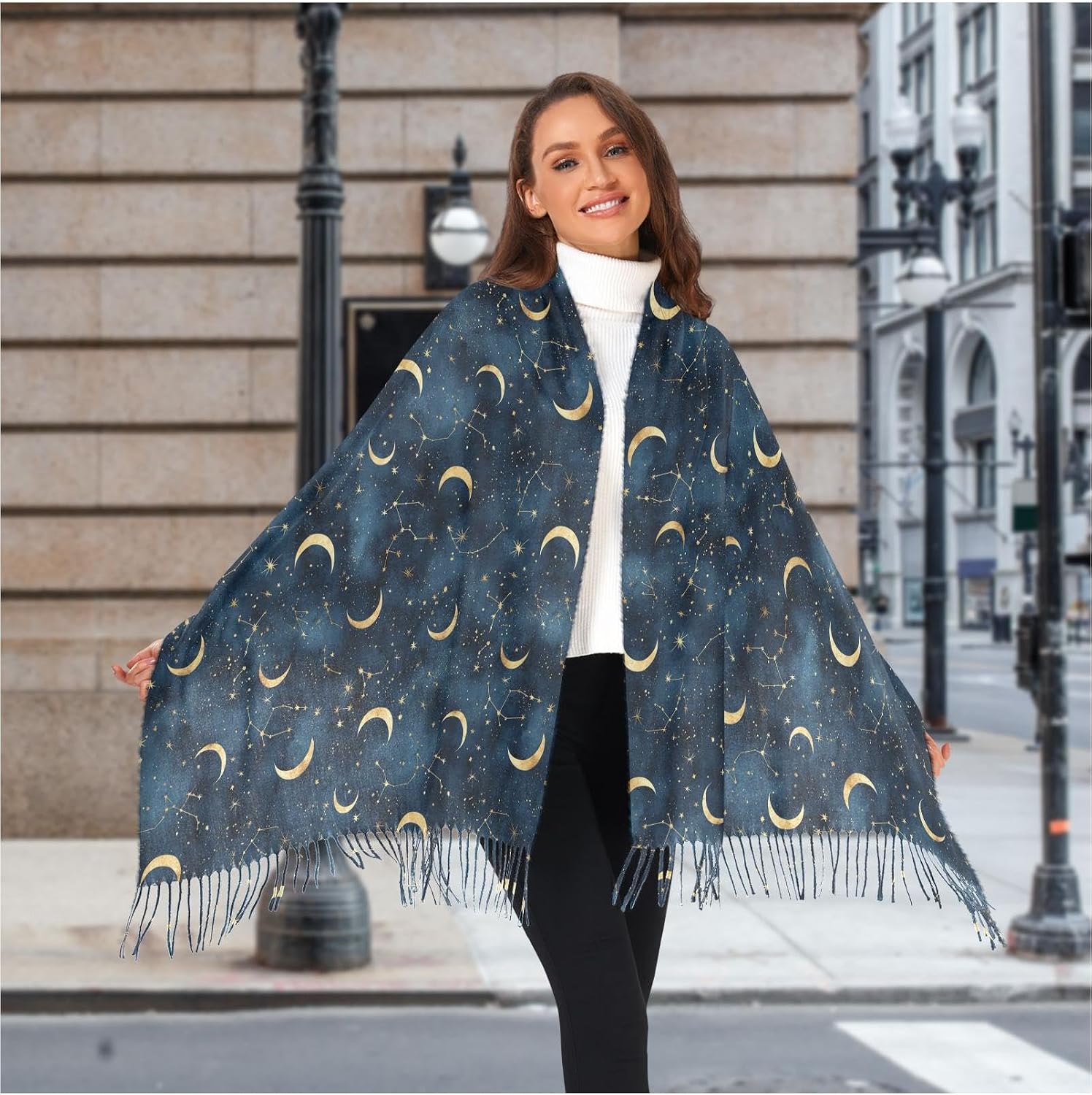Winter Scarf for Women Crescent Moon Blue Starry Sky Fashion Tassel Shawl Wraps for Women, Cold Weather Warm Womens Scarves Soft Long Scarf Gifts