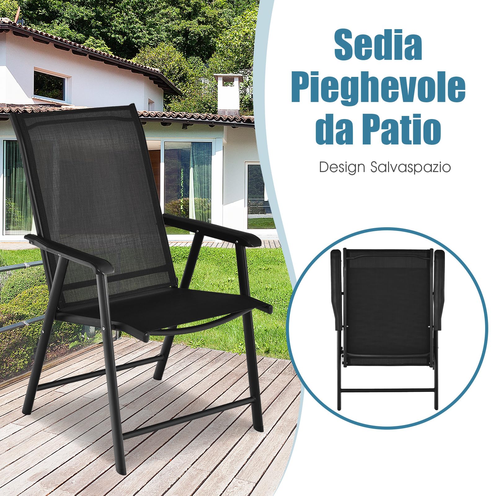 COSTWAY Set di 2 Sedie Giardino Pieghevoli, Poltrona da Esterno con Struttura in Metallo, con Braccioli, Ideale per Campeggio Spiaggia, Portata 100 kg, 68 x 59 x 93 cm (Nero)
