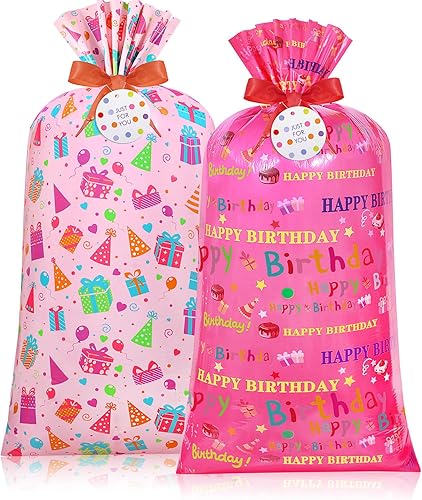 Teling 2 Piezas Bolsas de Regalo de Navidad Extra Grandes Jumbo de 70"x 40" Bolsas Gigantes de Envoltura de Regalos de Plástico con 2 Ataduras de