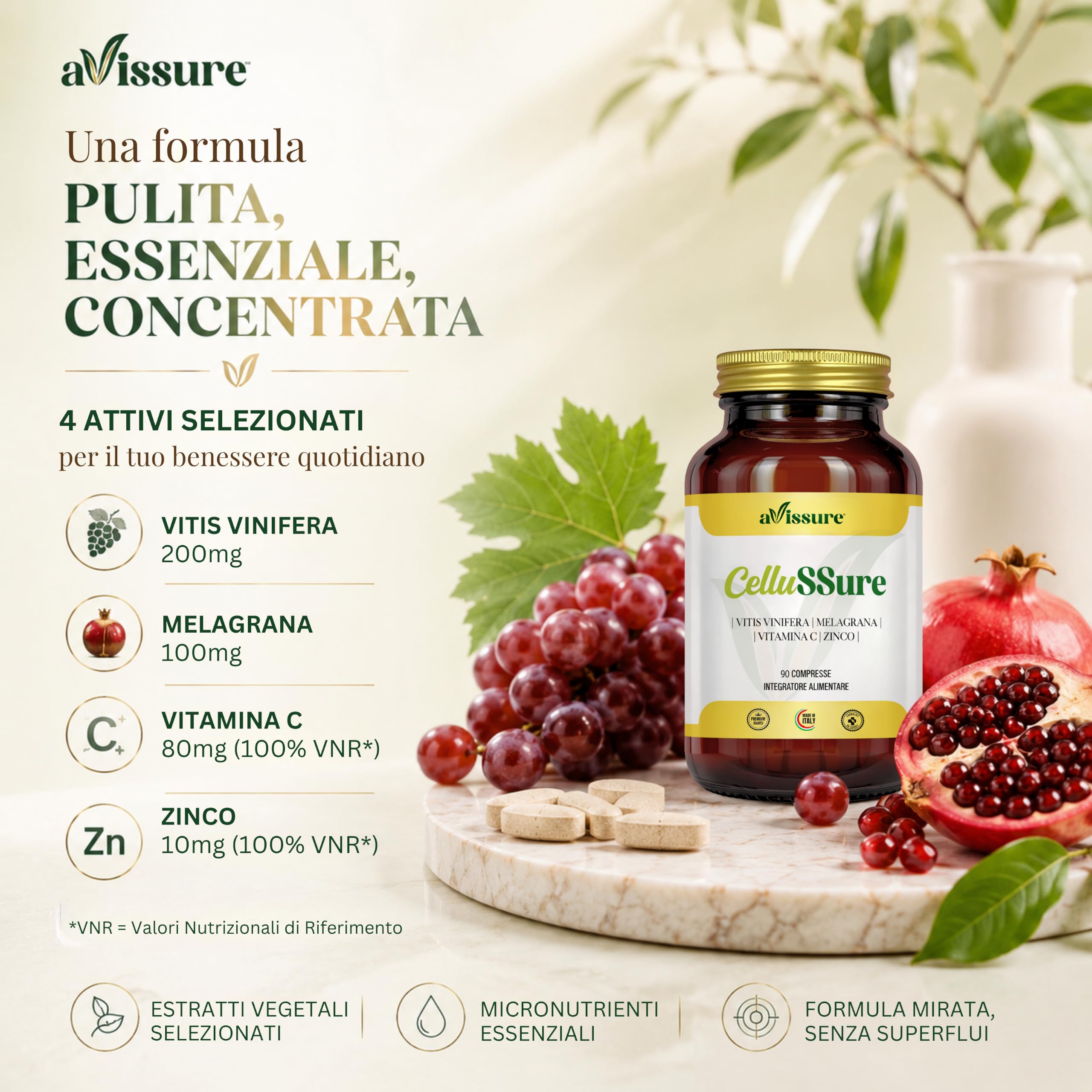CelluSSure Integratore Alimentare 90 Compresse Vegan con Estratti Vegetali, Vitis Vinifera, Punica Granatum (Melagrana), Vitamina C Acido Ascorbico, Zinco Gluconato, 1 Compressa per 3 Mesi, avissure
