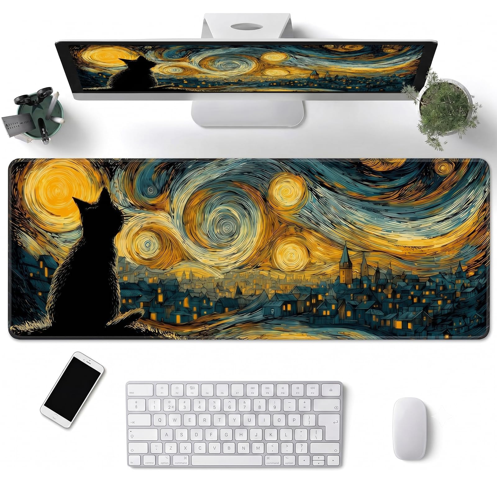 alfombrilla de escritorio, alfombrilla grande ampliada para gaming con motivo anime, alfombrilla de ratón XXL de 800 x 300 mm para ordenador, oficina, juegos y hogar (Gato cielo