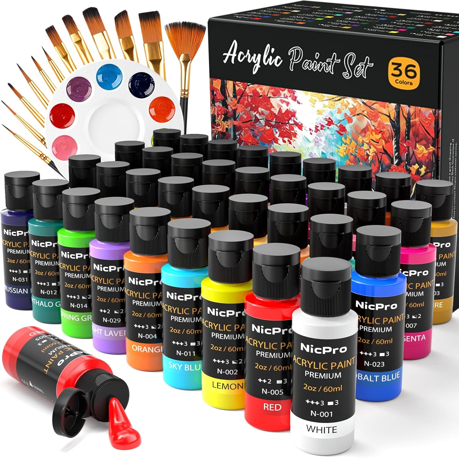 Nicpro 36 Colors Acrylic Paint Set with 12 Brushes & Palette, Non Toxic Art Supplies Kit for Fabric Painting, Easter Egg, Canvas, Clay, Wood, Rock & Ceramic, Rich Pigments for Adults, Beginners, Professional Artist (2 oz, 60 ml)