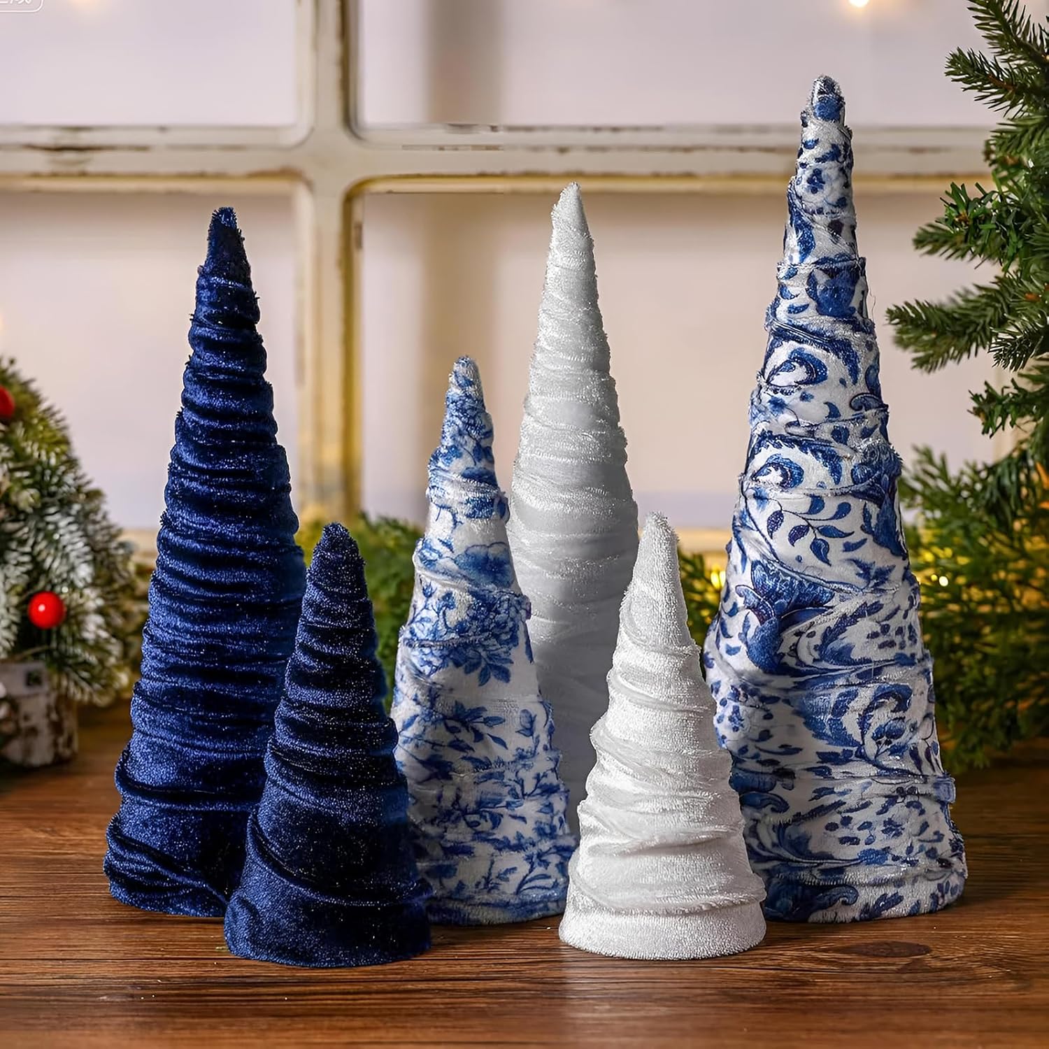 Civaner 6 Pcs Blue White Christmas Decor Chinoiserie Velvet Trees Set Vintage Tabletop Cone Tree Farmhouse Xmas Tiered Tray Ornament for Holiday Entryway Tabletop Centerpiece Decor
