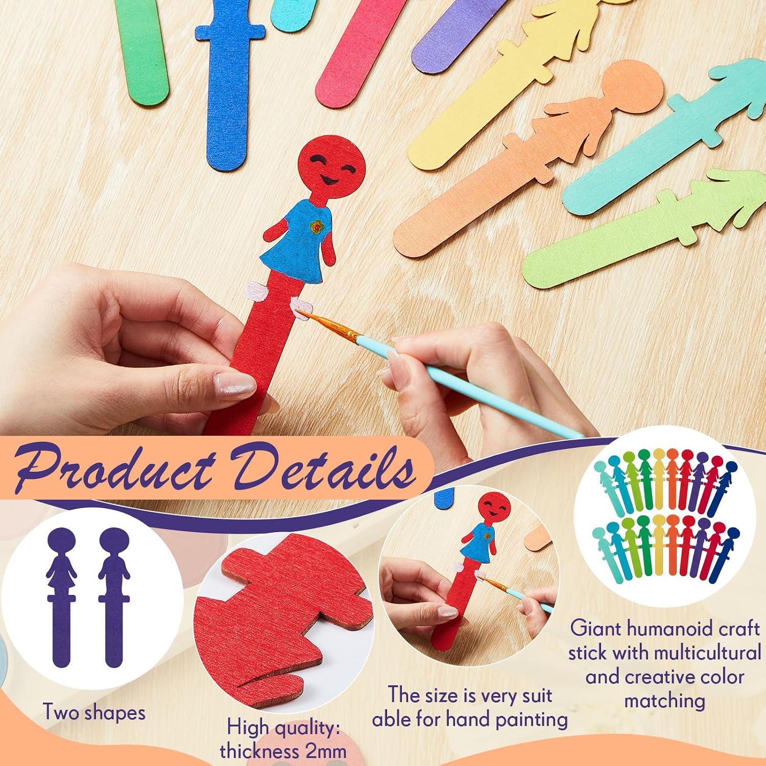 Wesiti 100 Pcs 5.25 Inch Jumbo Unfinished Wood People Shaped Craft Sticks Colored Wooden Creativity People Craft Sticks for DIY Projects Arts Paint Activities