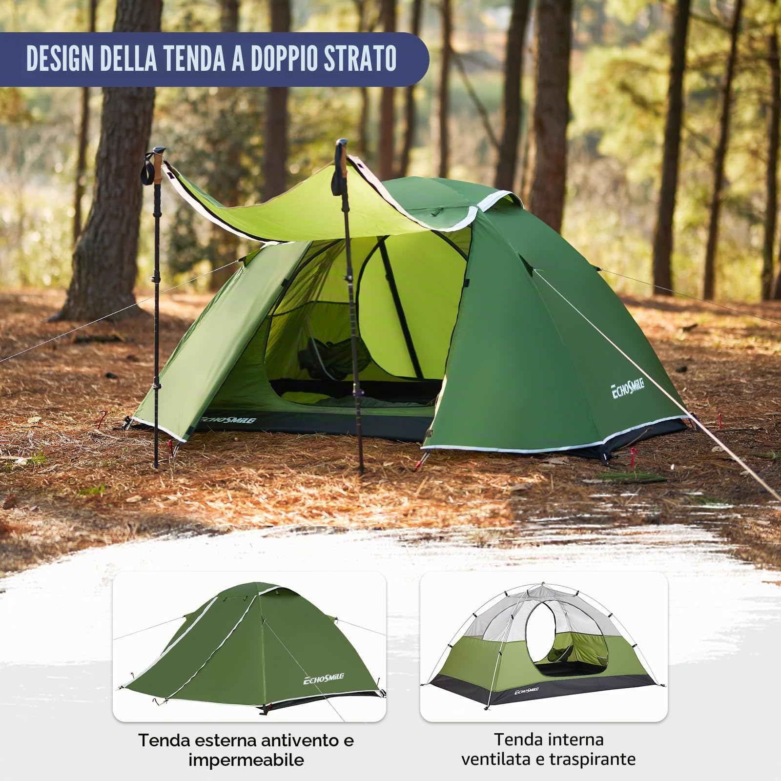 EchoSmile Tenda da Campeggio 2-3 Persone, Impermeabile & Antivento, Tende igloo a Doppia Porta per Escursionismo, Alpinismo & Attività All'aperto