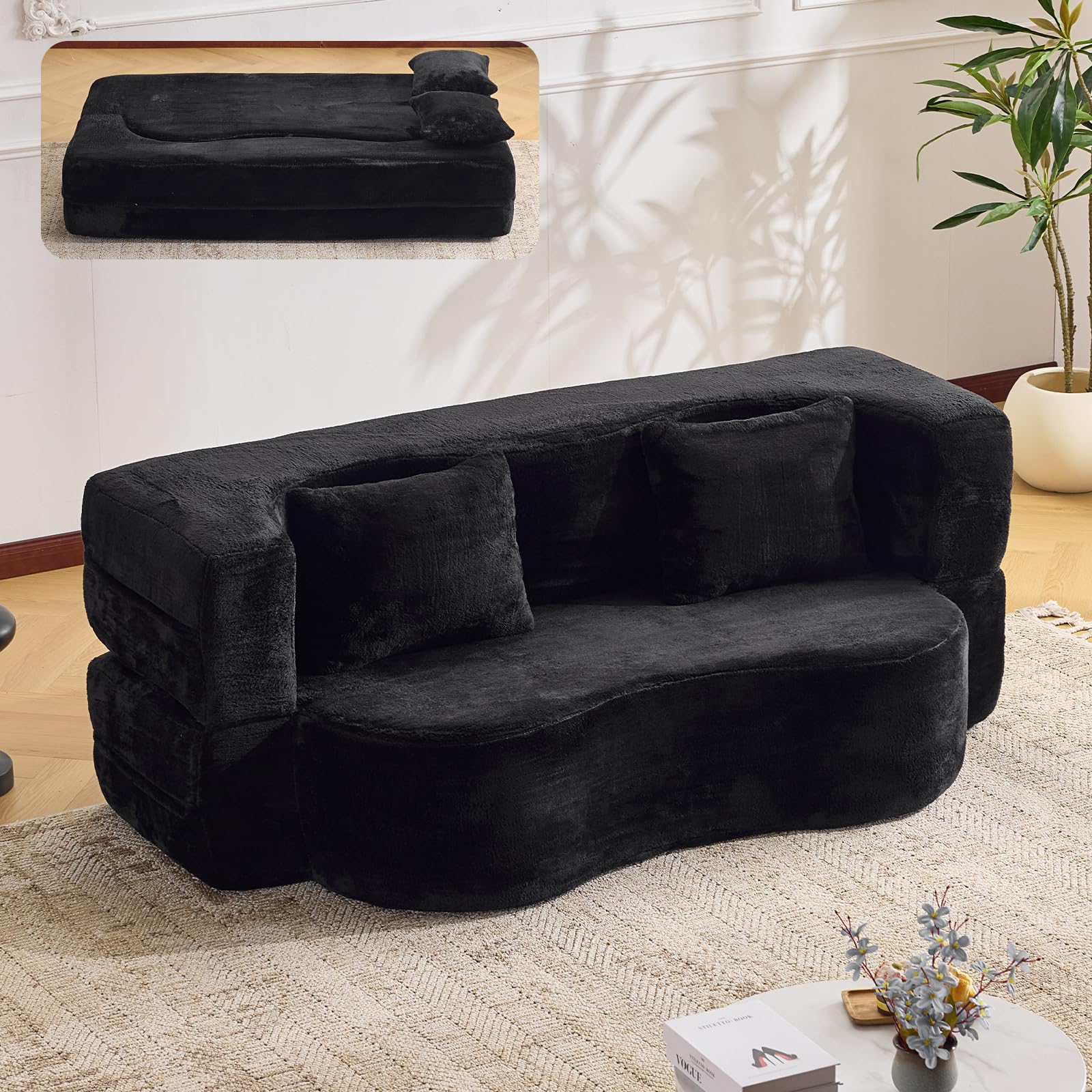 Orynveela Convertible Folding Sofa Bed, 78” Full Size Floor Sleeper Couch, Chenille Full Foam Futon Loveseat for Living Room Bedroom, No Assembly Required (Green): 71" Black