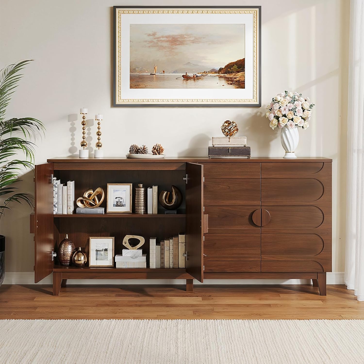 ONBRILL 63" Sideboard Buffet Cabinet with Storage, Large Buffet Cabinet with 4 Circular Panel Design Doors and Adjustable Shelves, Modern Sideboard for Living Room, Kitchen (Walnut)