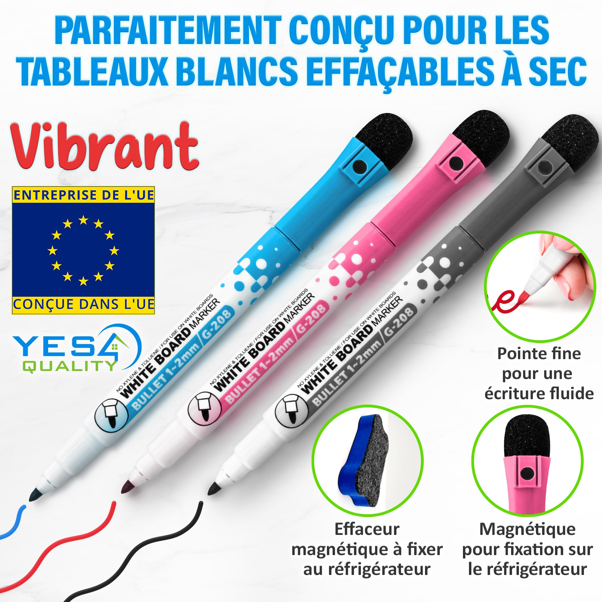 Tableau blanc magnétique effaçable à sec extra large pour réfrigérateur - A3 / 43 x 28 cm - Anti-taches avec 3 marqueurs et une grande gomme aimantée - par Yes4Quality