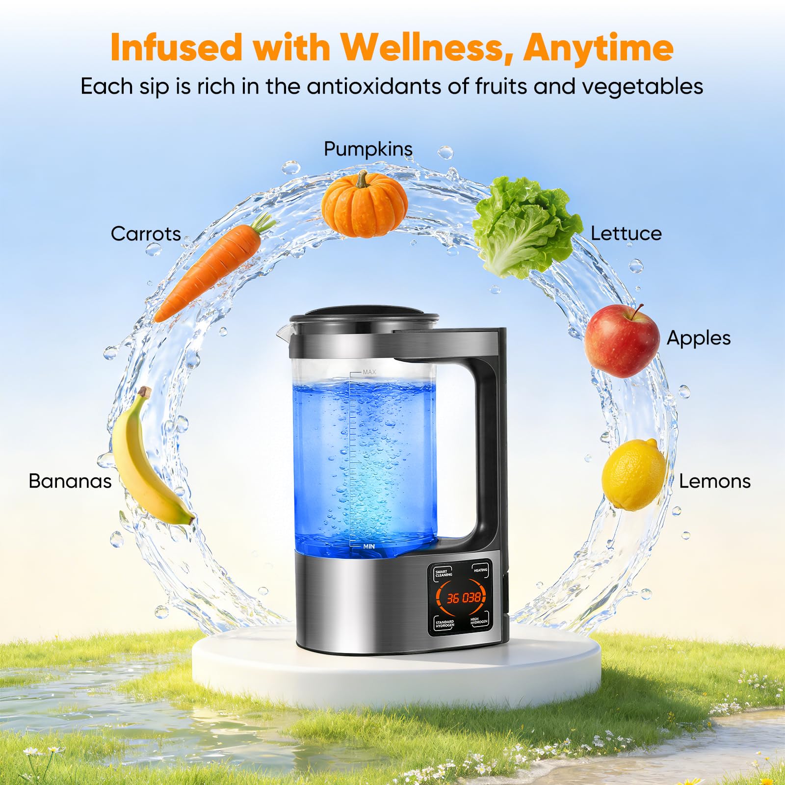 Generador de Agua Hidrogenada 2L Portátil Botella de Agua Rica en Hidrógeno con Calentamiento PTC Pantalla Táctil LED Digital Termostato para Hogar Oficina