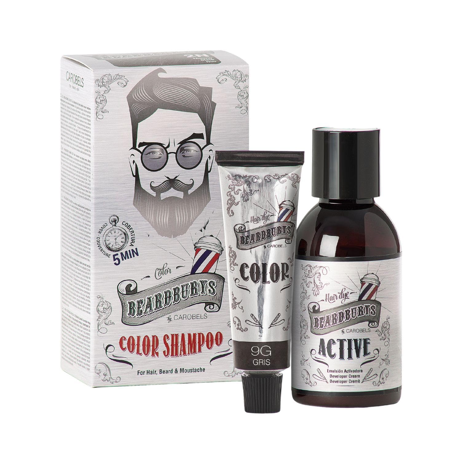 Beardburys Colour Shampoo for Men, Semi-Permanent Gray Coverage, Paraben-Free, Grey Colour 30ml & Active 45ml