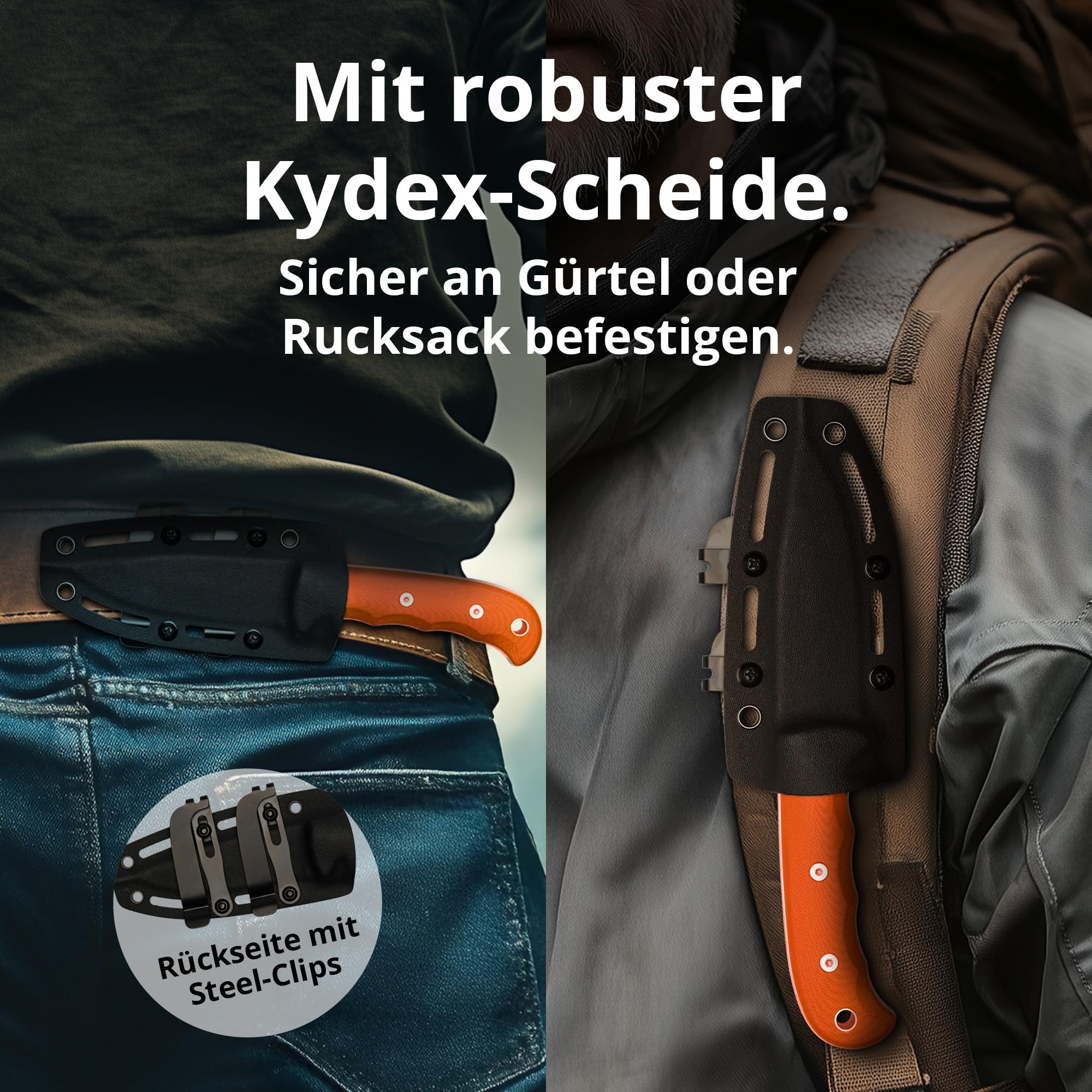PUMA TEC – Survival D2 Knife – Orange – Feststehendes Full-Tang-Outdoormesser – D2-Stahl (60 HRC) mit edlem Satin-Finish & G10-Griff – inkl. passender Kydex-Scheide mit Steel-Clips